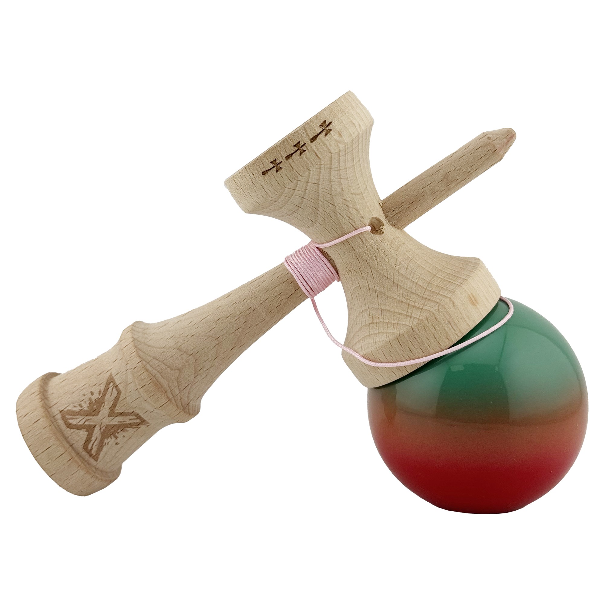 Kendama X Originala, Profesionala, Flippy, Big Cups V2, Super Sticky Cupe Mari, Rulment Metalic cu Ata 55 cm, Rosu/Verde