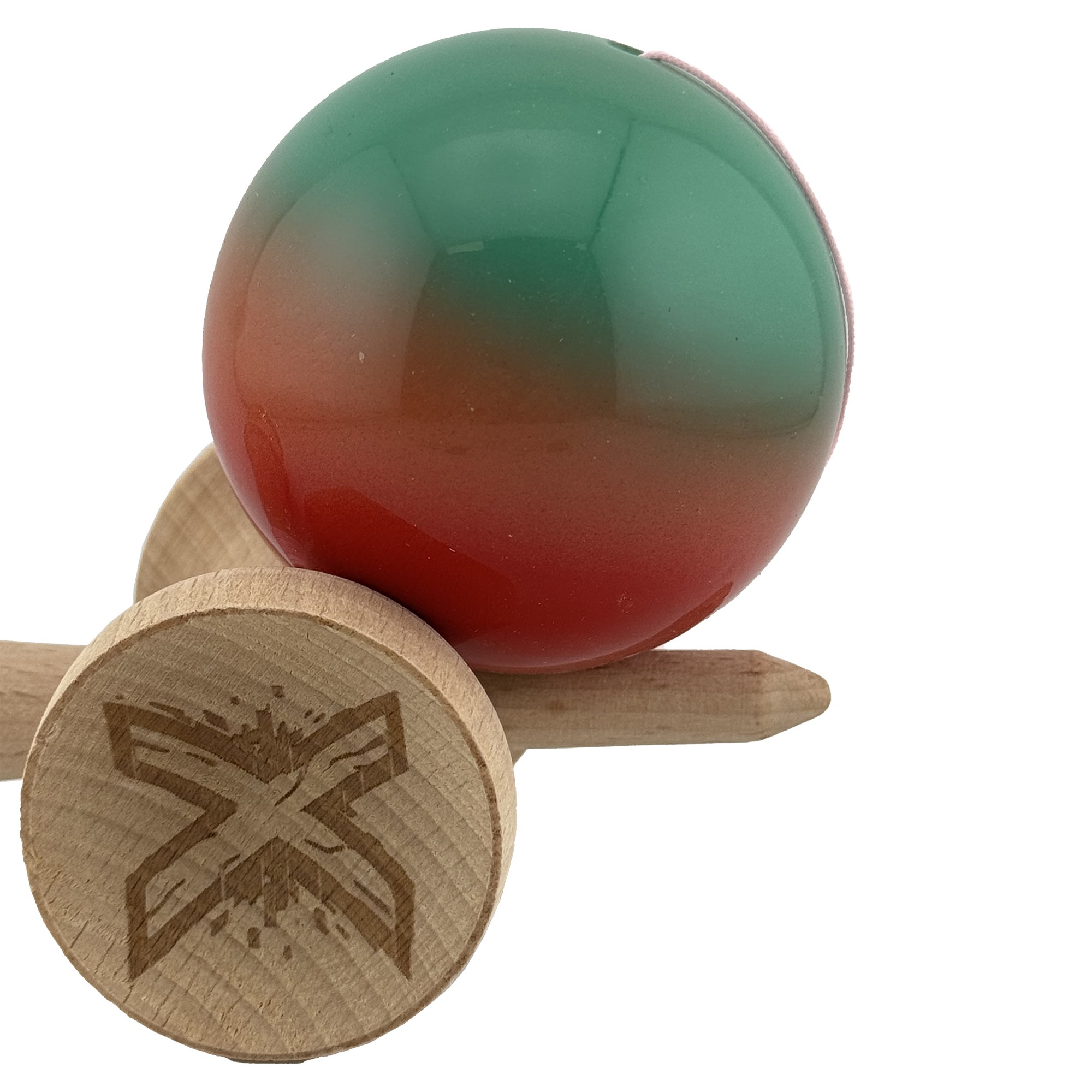Kendama X Originala, Profesionala, Flippy, Big Cups V2, Super Sticky Cupe Mari, Rulment Metalic cu Ata 55 cm, Rosu/Verde