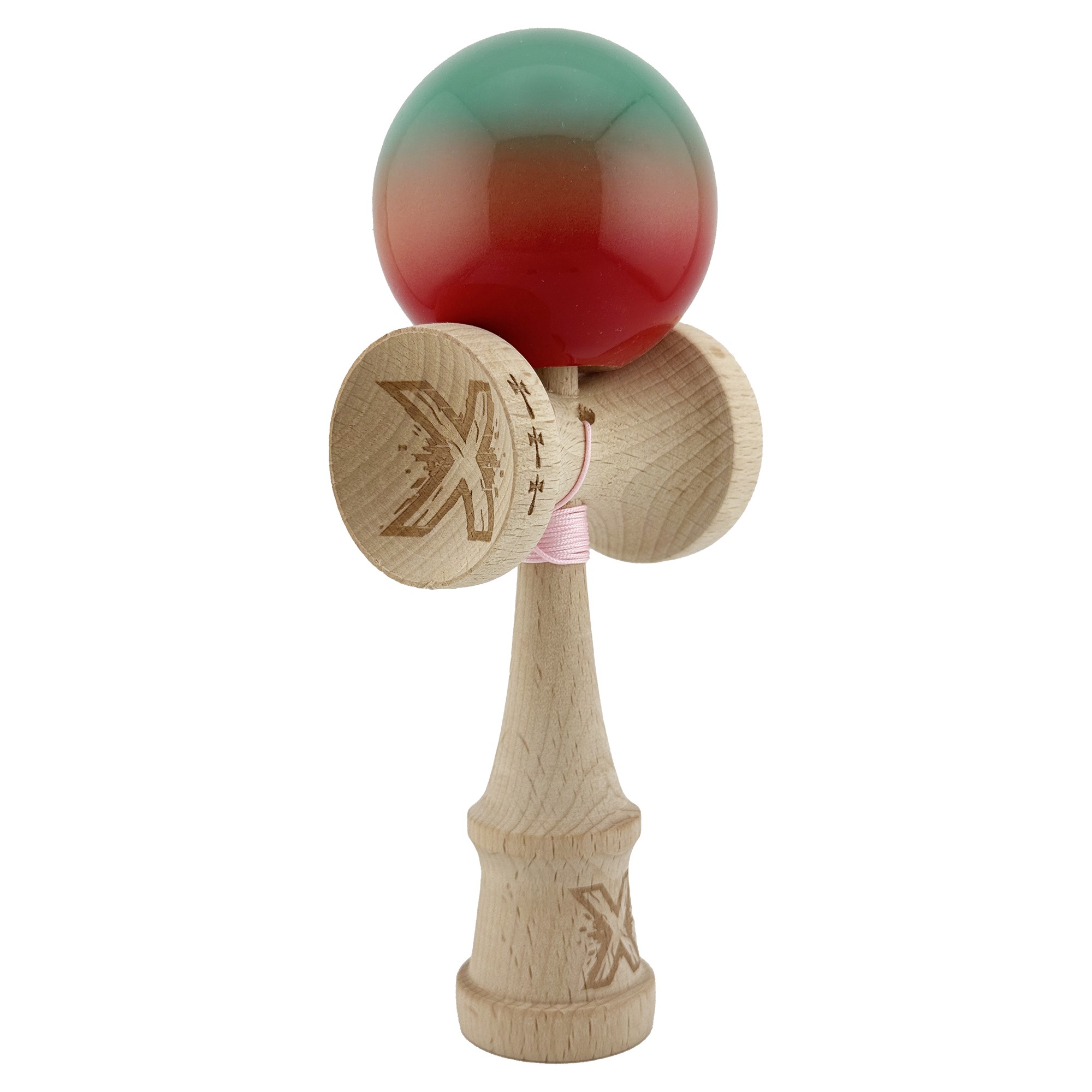 Kendama X Originala, Profesionala, Flippy, Big Cups V2, Super Sticky Cupe Mari, Rulment Metalic cu Ata 55 cm, Rosu/Verde