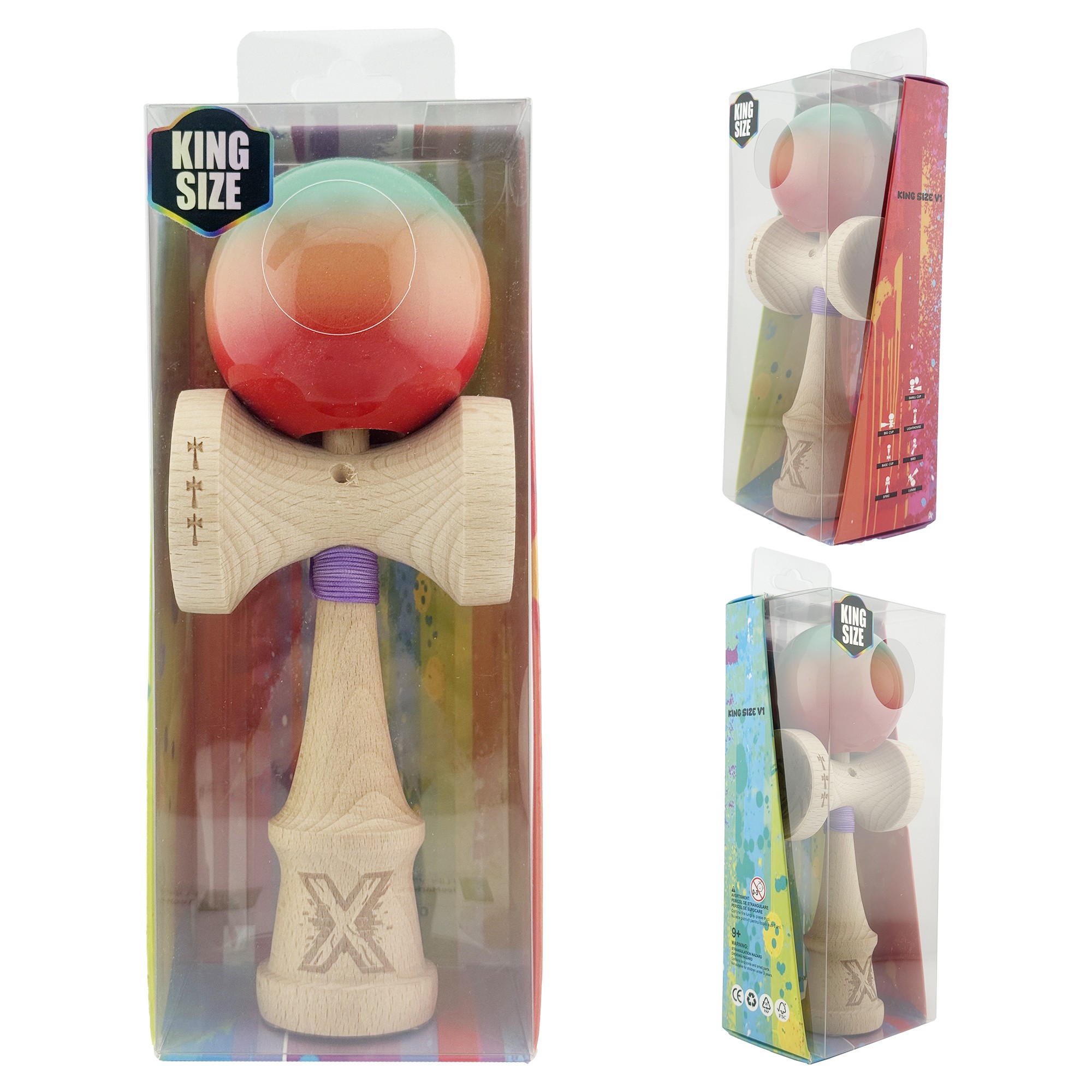 Kendama X Originala, Profesionala, Flippy, Big Cups V2, Super Sticky Cupe Mari, Rulment Metalic cu Ata 55 cm, Rosu/Verde