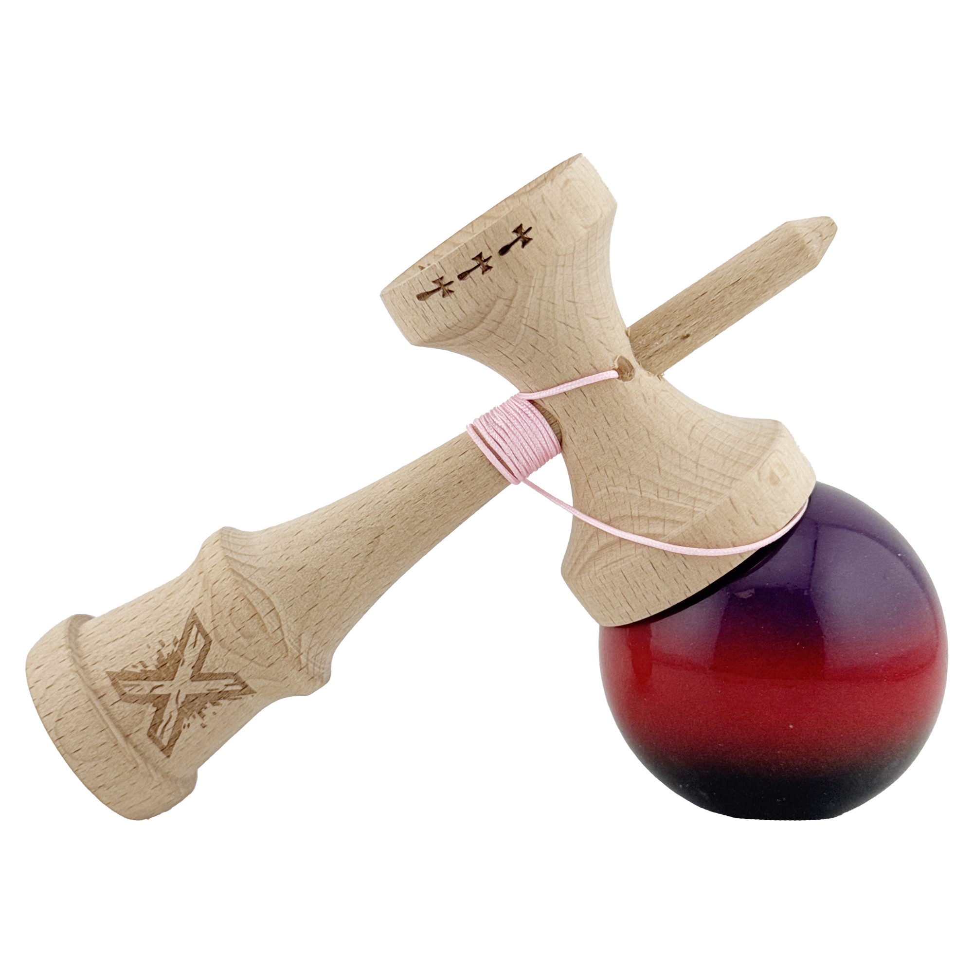 Kendama X Originala, Profesionala, Flippy, Big Cups V2, Super Sticky Cupe Mari, Rulment Metalic cu Ata 55 cm, Mov/Rosu/Negru