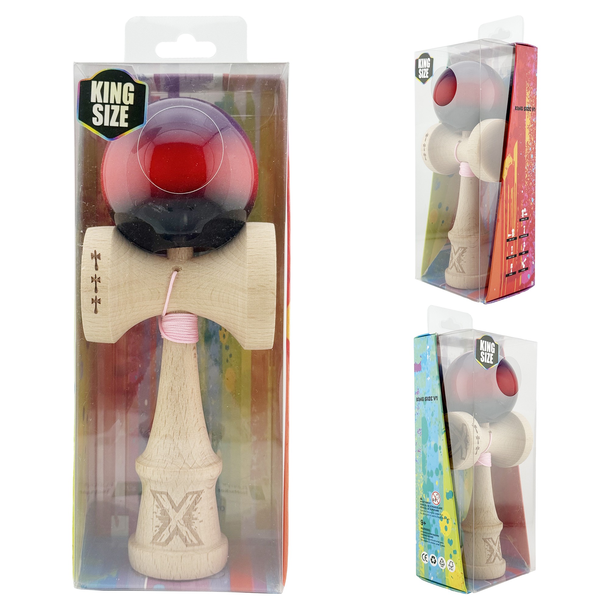 Kendama X Originala, Profesionala, Flippy, Big Cups V2, Super Sticky Cupe Mari, Rulment Metalic cu Ata 55 cm, Mov/Rosu/Negru