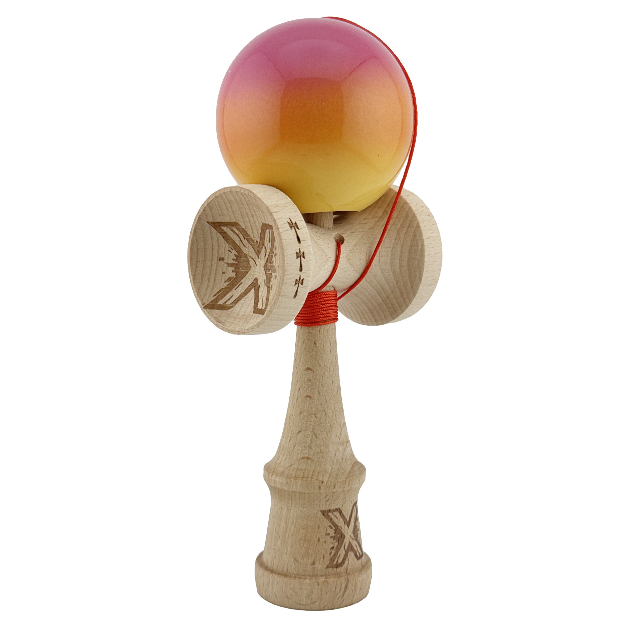 Kendama X Originala, Profesionala, Flippy, Big Cups V2, Super Sticky Cupe Mari, Rulment Metalic cu Ata 55 cm, Roz/Portocaliu/Galben