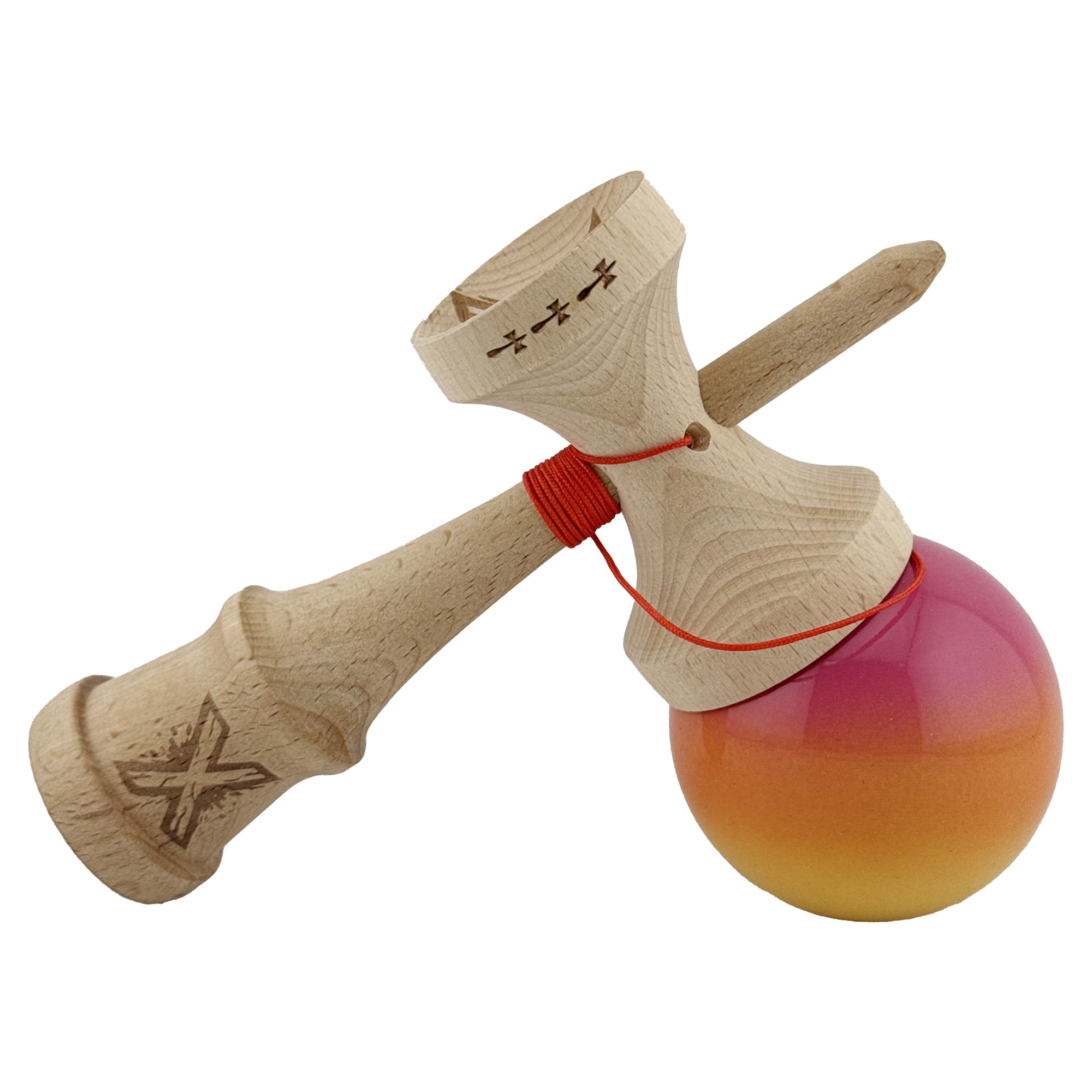 Kendama X Originala, Profesionala, Flippy, Big Cups V2, Super Sticky Cupe Mari, Rulment Metalic cu Ata 55 cm, Roz/Portocaliu/Galben