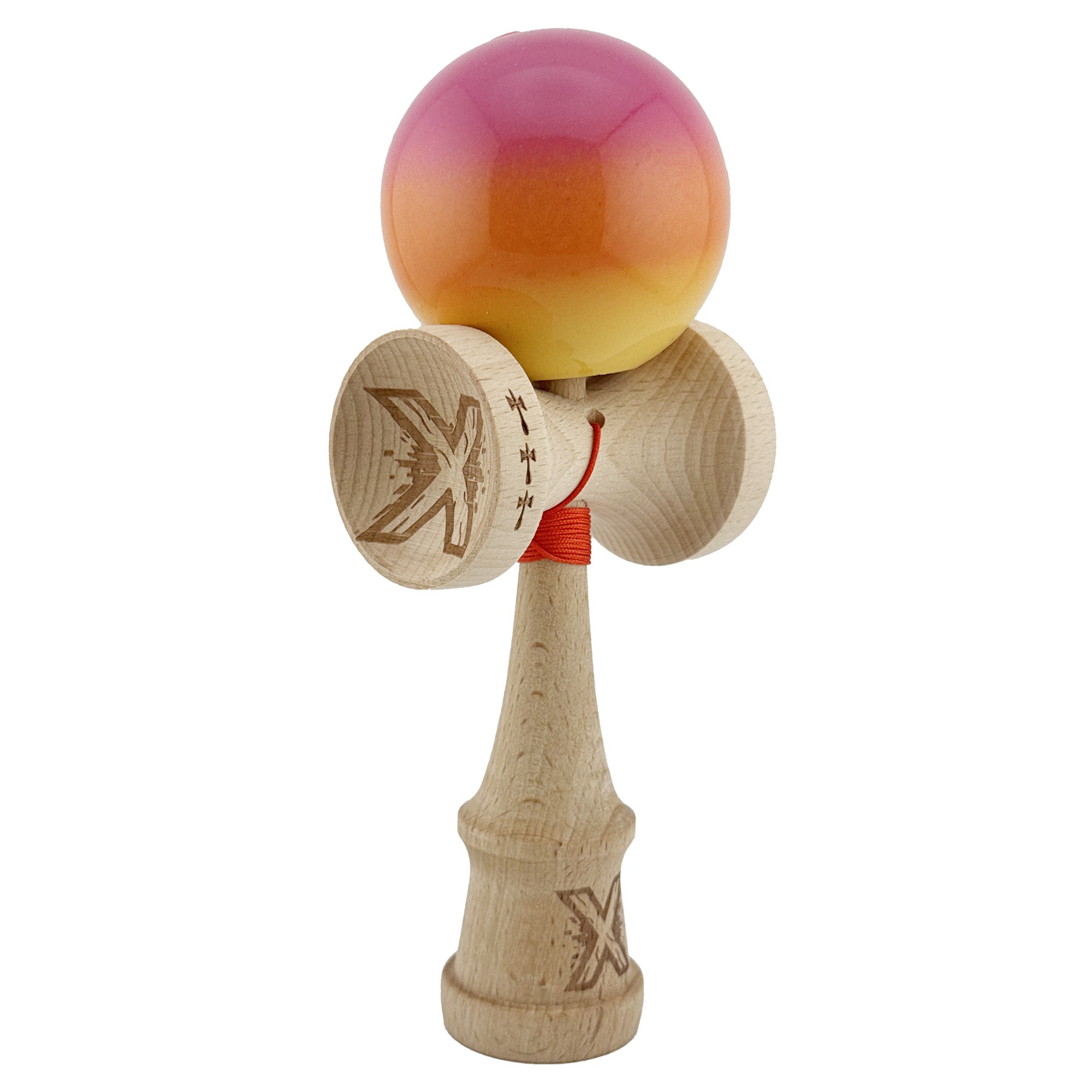 Kendama X Originala, Profesionala, Flippy, Big Cups V2, Super Sticky Cupe Mari, Rulment Metalic cu Ata 55 cm, Roz/Portocaliu/Galben