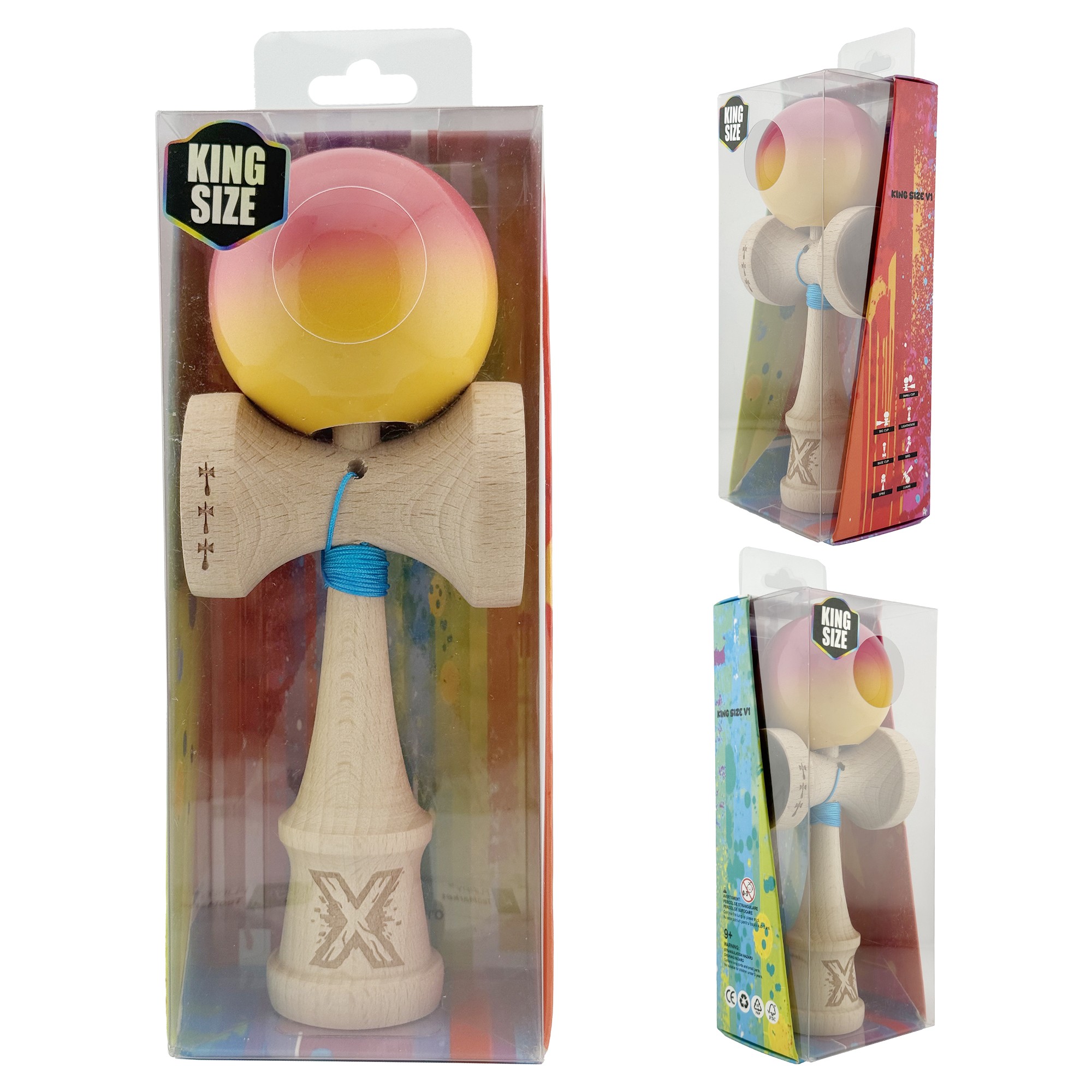Kendama X Originala, Profesionala, Flippy, Big Cups V2, Super Sticky Cupe Mari, Rulment Metalic cu Ata 55 cm, Roz/Portocaliu/Galben