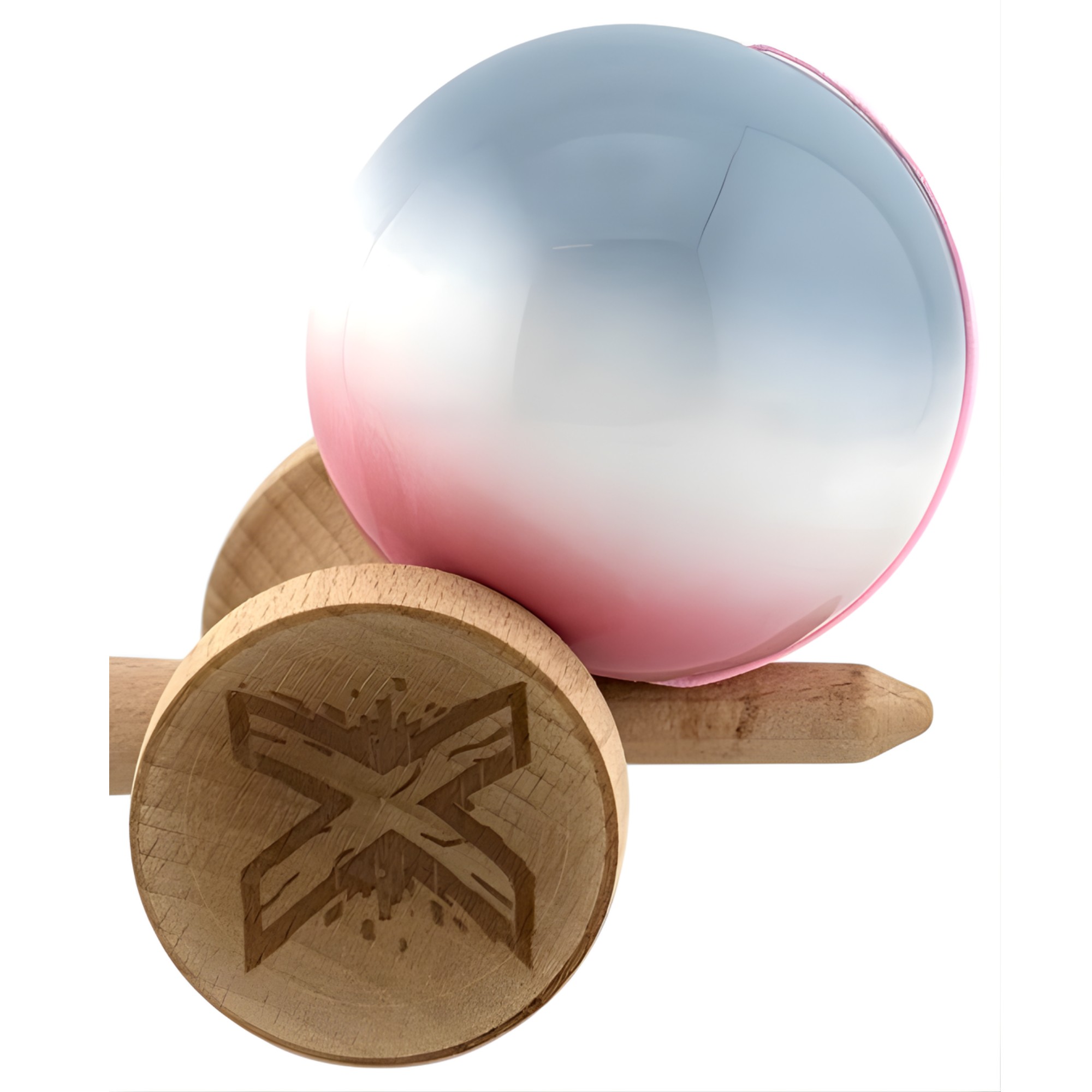 Kendama X Originala, Profesionala, Flippy, Big Cups V2, Super Sticky Cupe Mari, Rulment Metalic cu Ata 55 cm, Gradient Roz/Alb/Gri