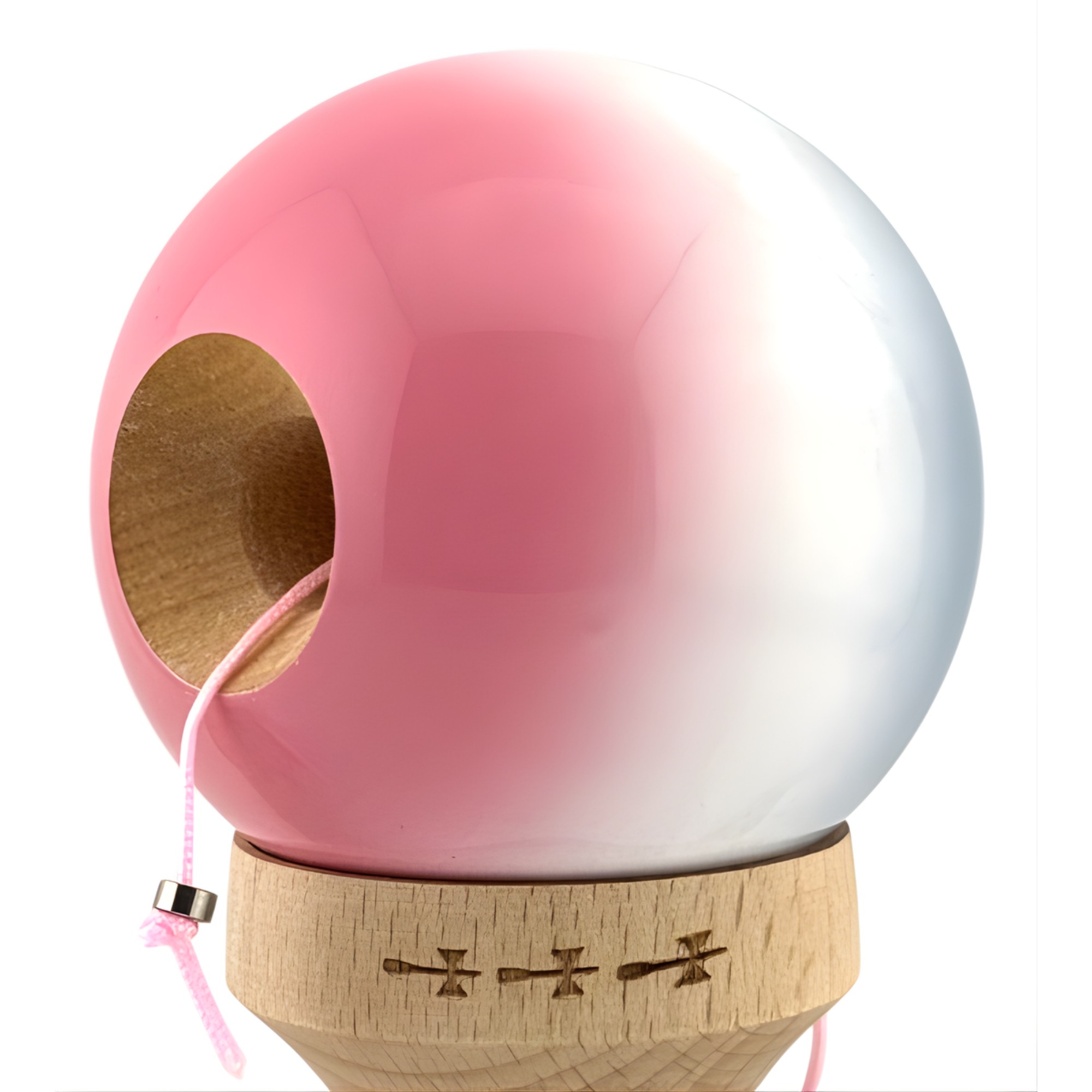 Kendama X Originala, Profesionala, Flippy, Big Cups V2, Super Sticky Cupe Mari, Rulment Metalic cu Ata 55 cm, Gradient Roz/Alb/Gri