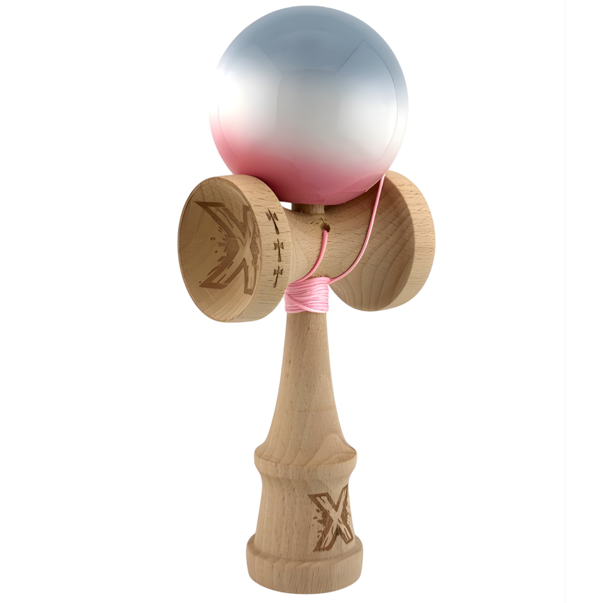 Kendama X Originala, Profesionala, Flippy, Big Cups V2, Super Sticky Cupe Mari, Rulment Metalic cu Ata 55 cm, Gradient Roz/Alb/Gri