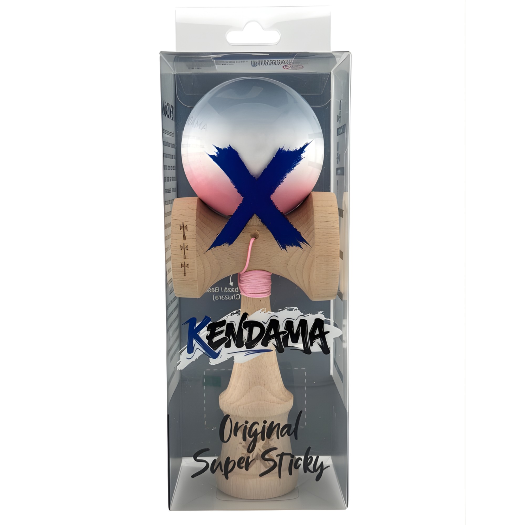 Kendama X Originala, Profesionala, Flippy, Big Cups V2, Super Sticky Cupe Mari, Rulment Metalic cu Ata 55 cm, Gradient Roz/Alb/Gri