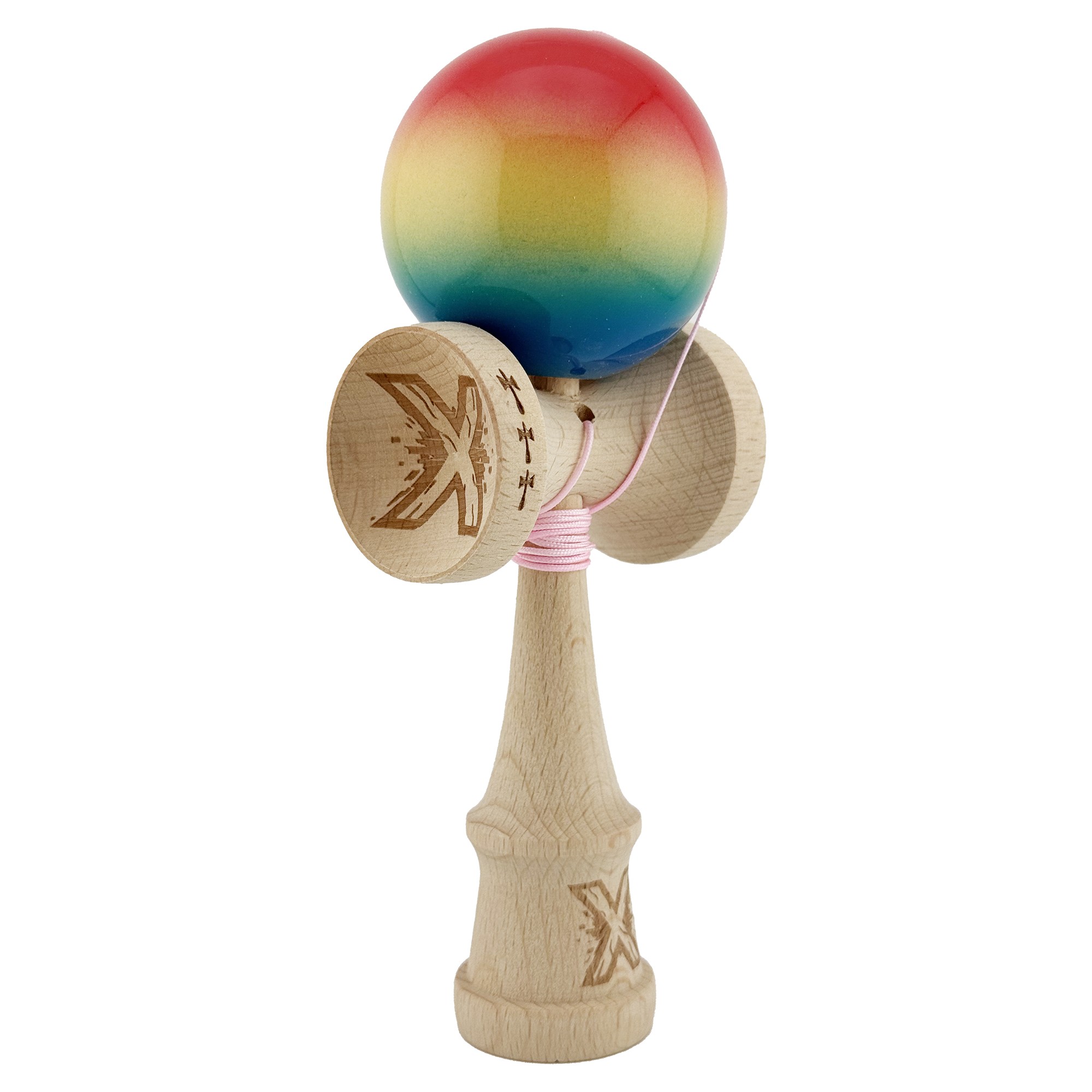 Kendama X Originala, Profesionala, Flippy, Big Cups V2, Super Sticky Cupe Mari, Rulment Metalic cu Ata 55 cm, Rosu/Galben/Albastru