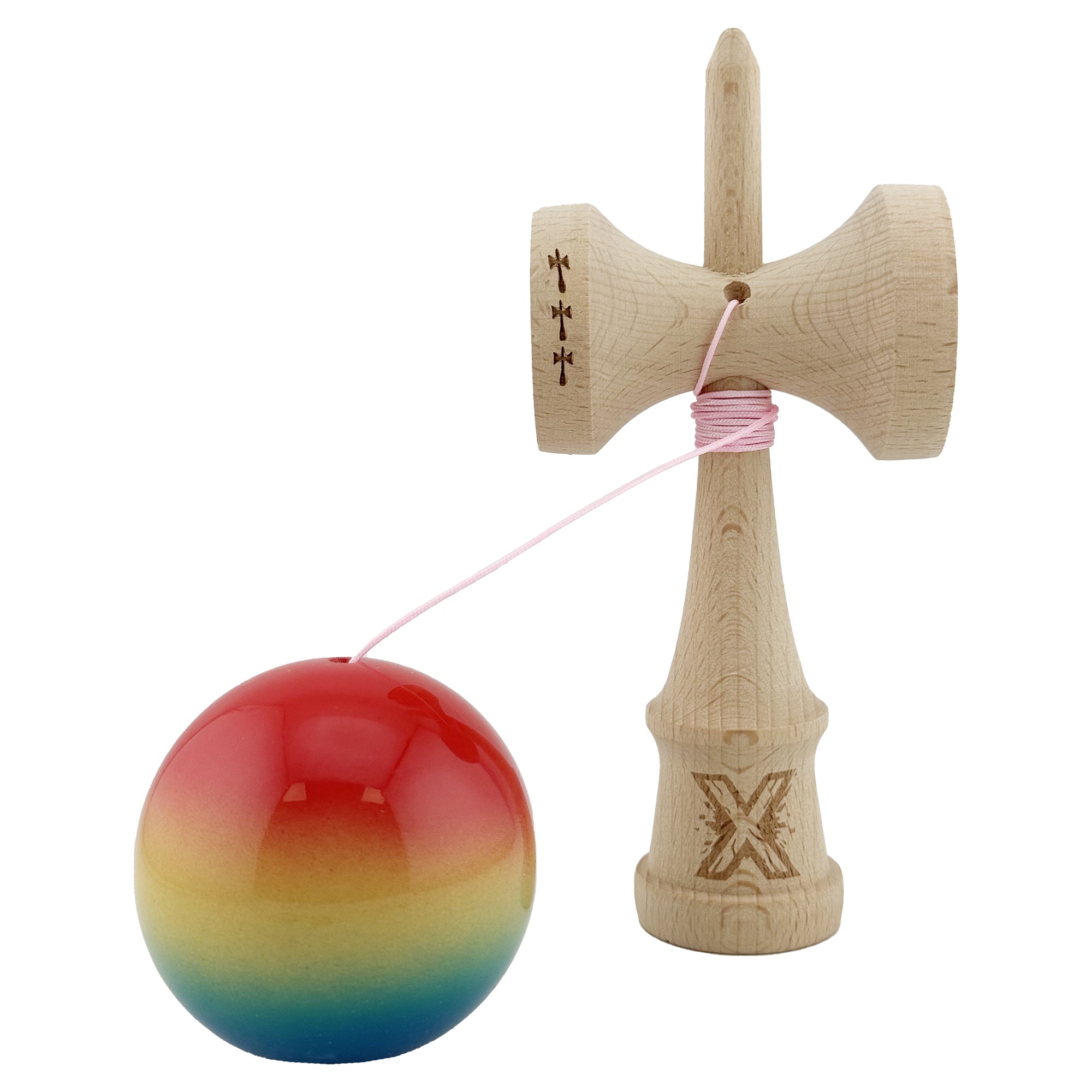 Kendama X Originala, Profesionala, Flippy, Big Cups V2, Super Sticky Cupe Mari, Rulment Metalic cu Ata 55 cm, Rosu/Galben/Albastru