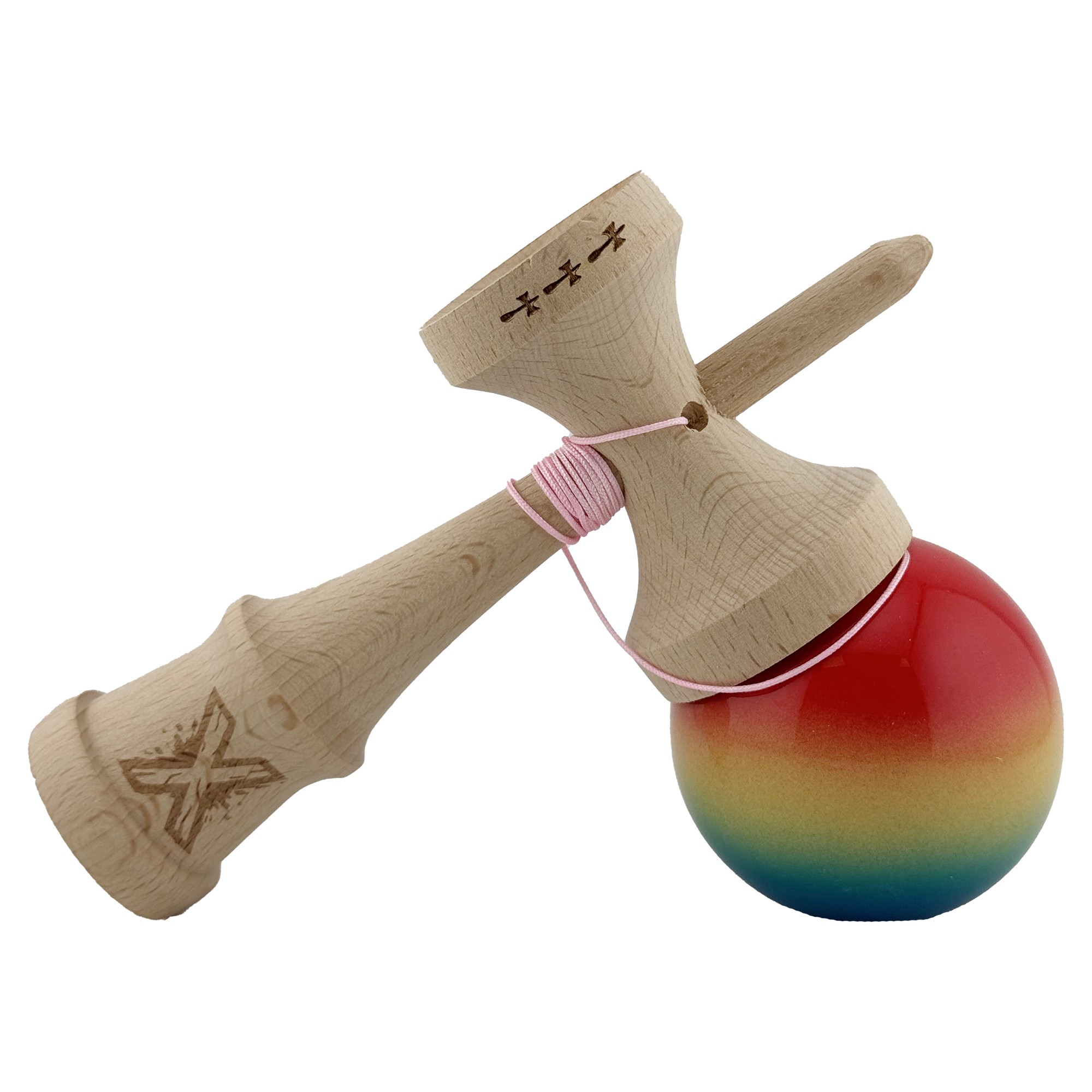 Kendama X Originala, Profesionala, Flippy, Big Cups V2, Super Sticky Cupe Mari, Rulment Metalic cu Ata 55 cm, Rosu/Galben/Albastru