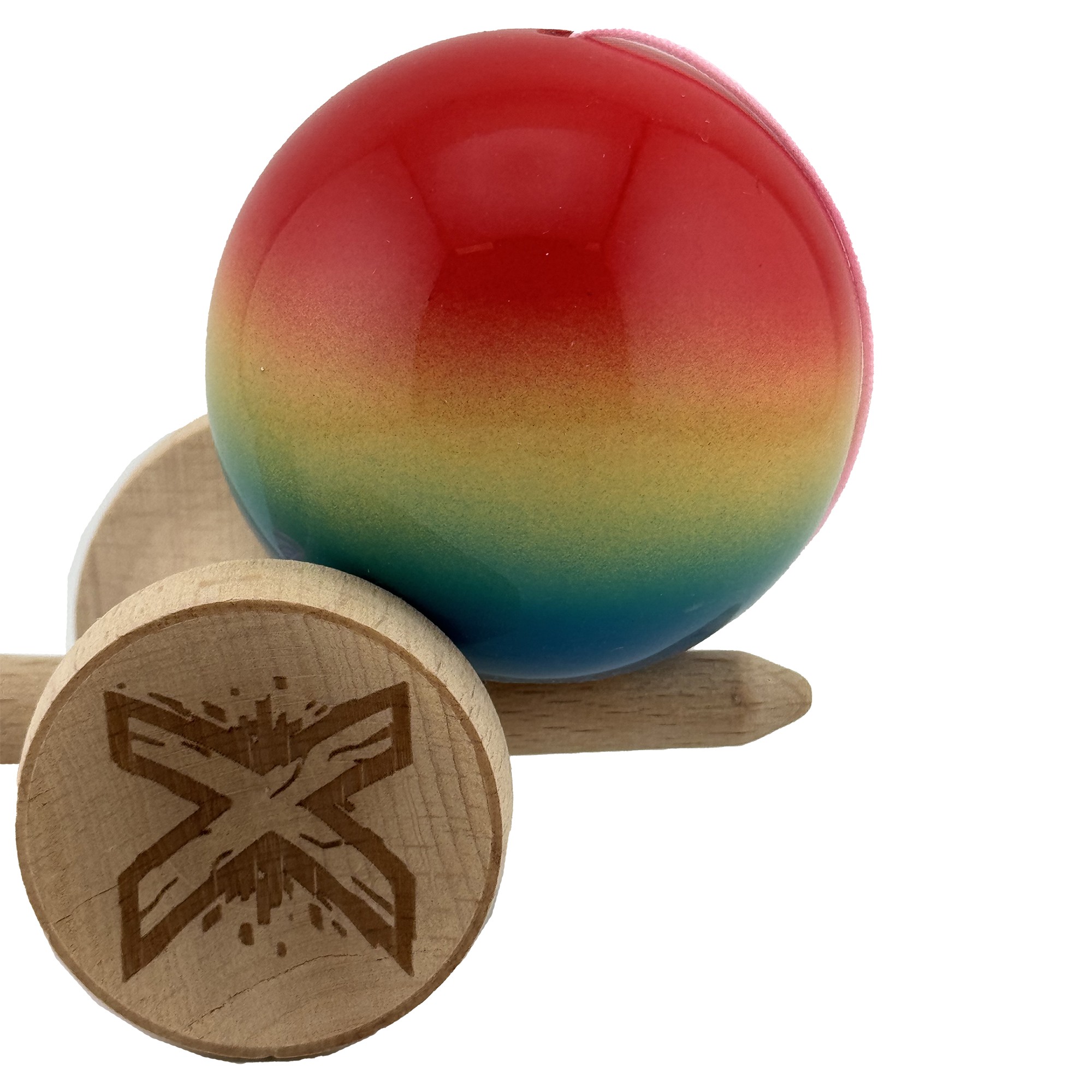 Kendama X Originala, Profesionala, Flippy, Big Cups V2, Super Sticky Cupe Mari, Rulment Metalic cu Ata 55 cm, Rosu/Galben/Albastru