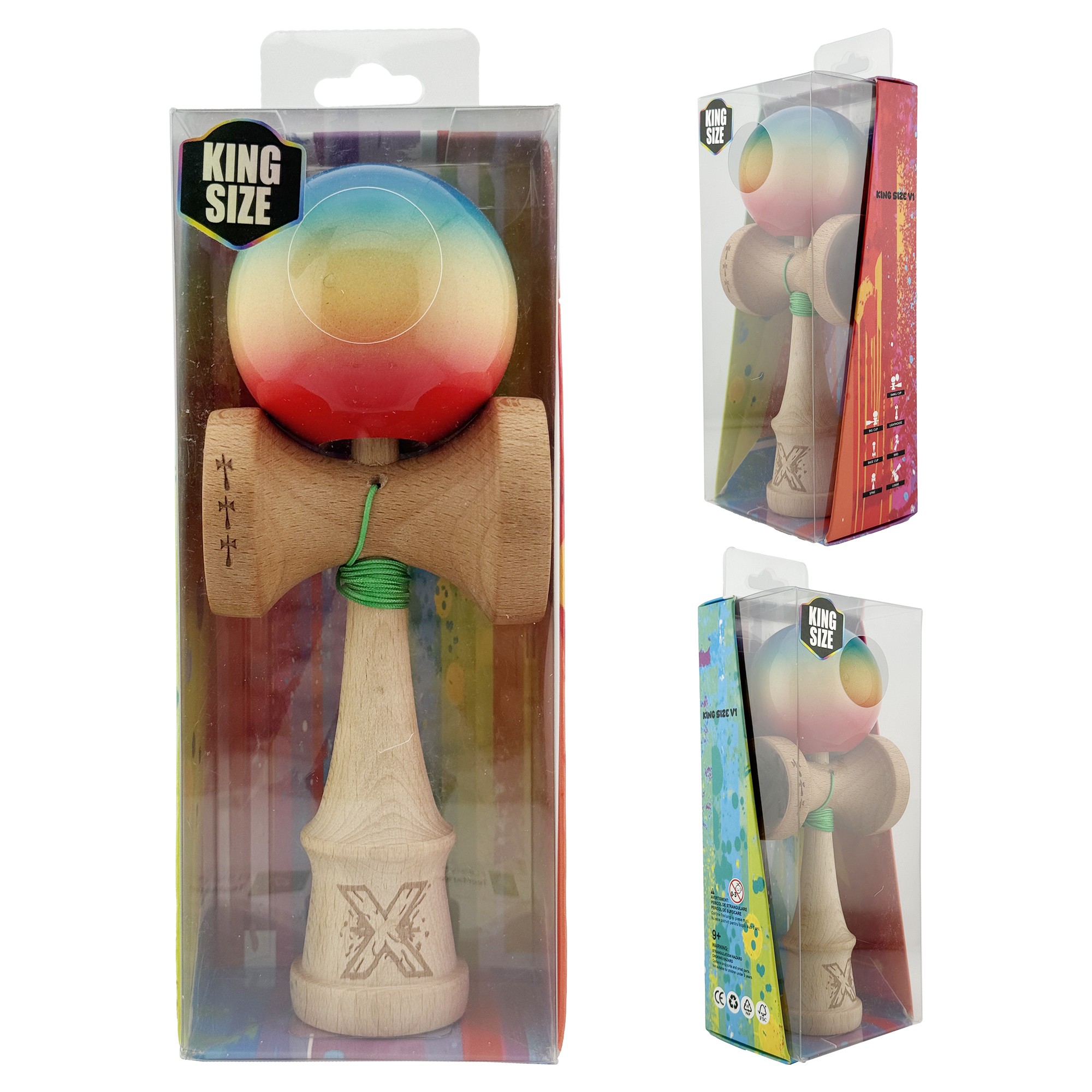 Kendama X Originala, Profesionala, Flippy, Big Cups V2, Super Sticky Cupe Mari, Rulment Metalic cu Ata 55 cm, Rosu/Galben/Albastru