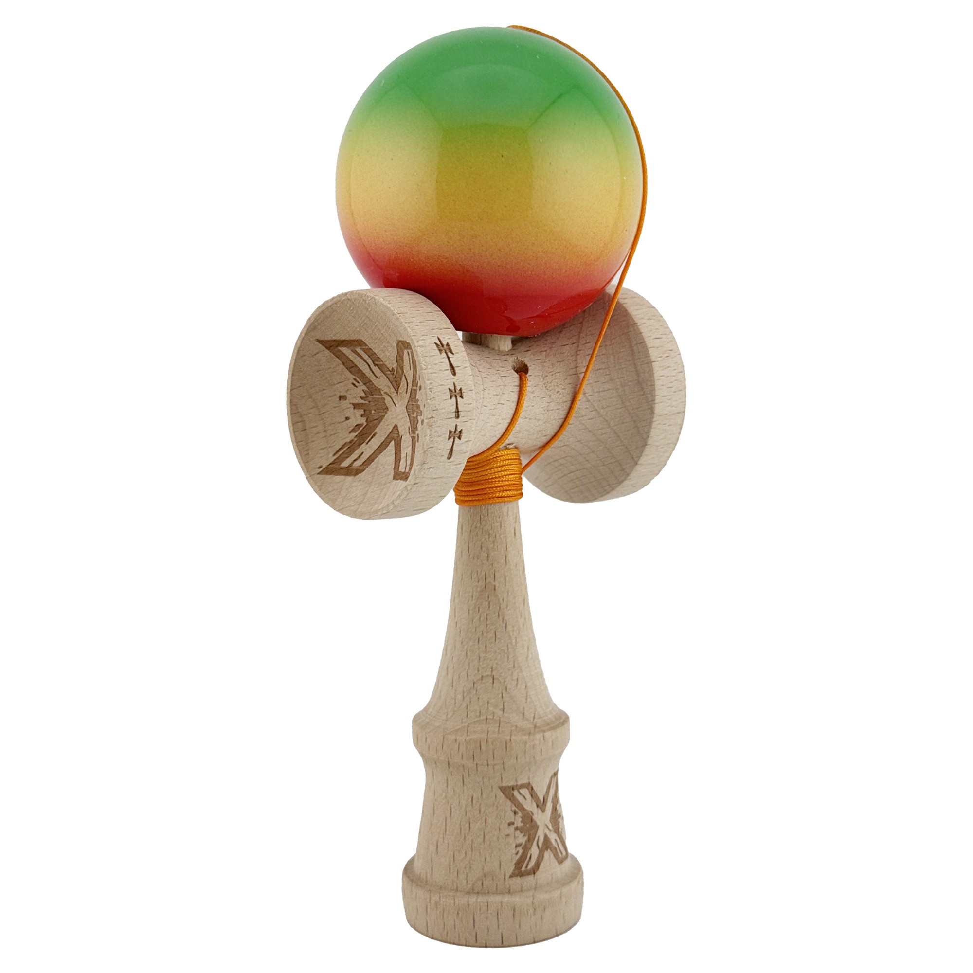Kendama X Originala, Profesionala, Flippy, Big Cups V2, Super Sticky Cupe Mari, Rulment Metalic cu Ata 55 cm, Verde/Galben/Rosu
