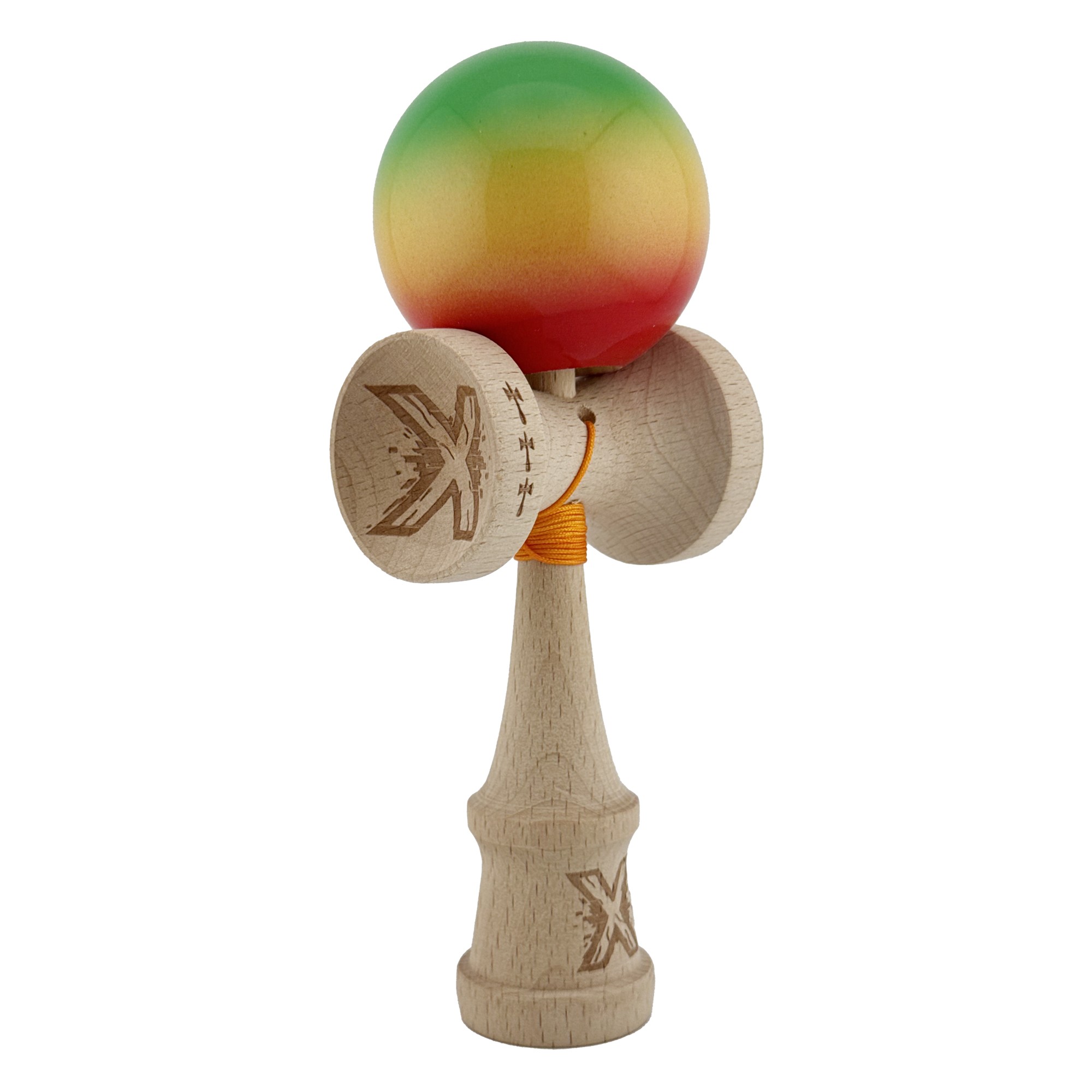Kendama X Originala, Profesionala, Flippy, Big Cups V2, Super Sticky Cupe Mari, Rulment Metalic cu Ata 55 cm, Verde/Galben/Rosu