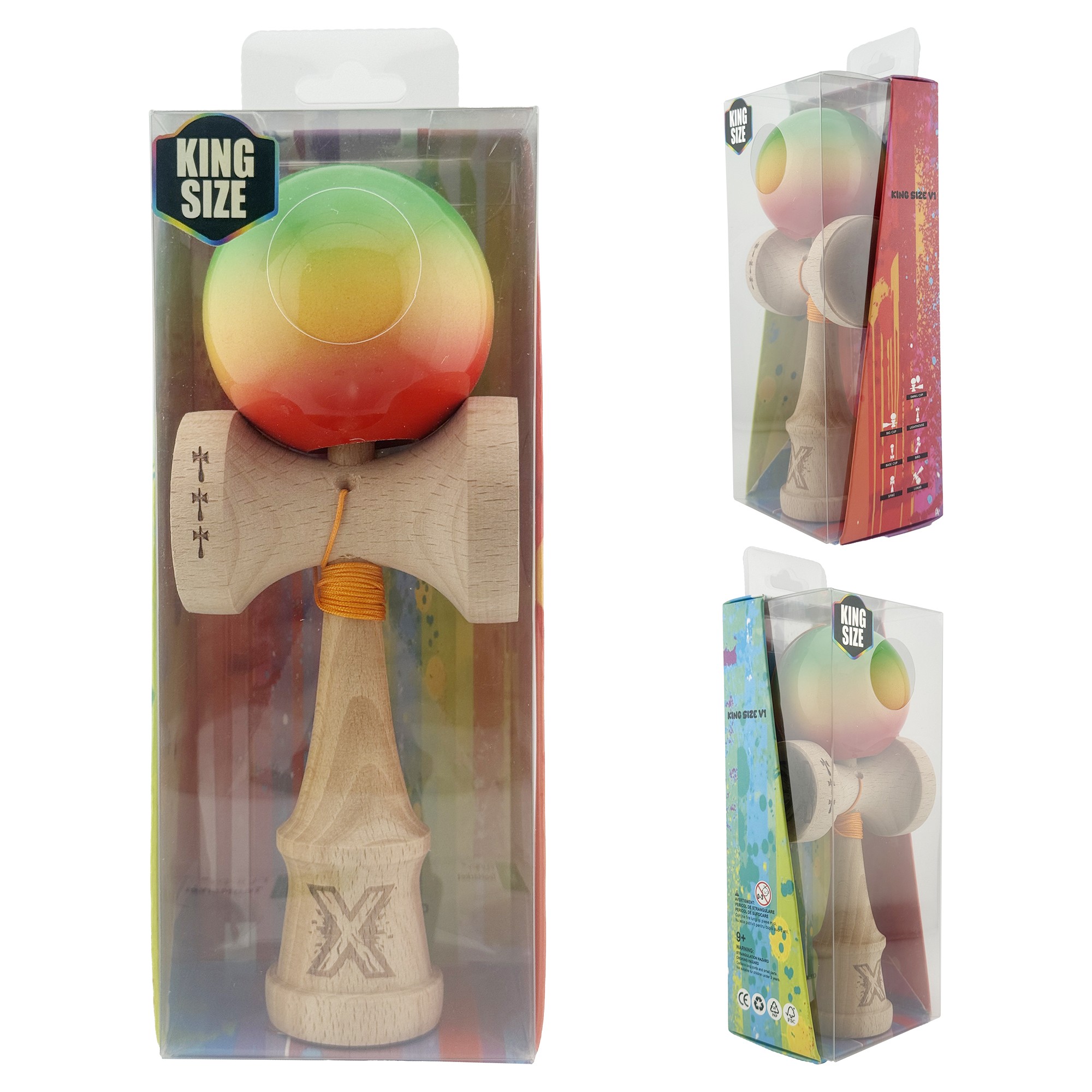 Kendama X Originala, Profesionala, Flippy, Big Cups V2, Super Sticky Cupe Mari, Rulment Metalic cu Ata 55 cm, Verde/Galben/Rosu