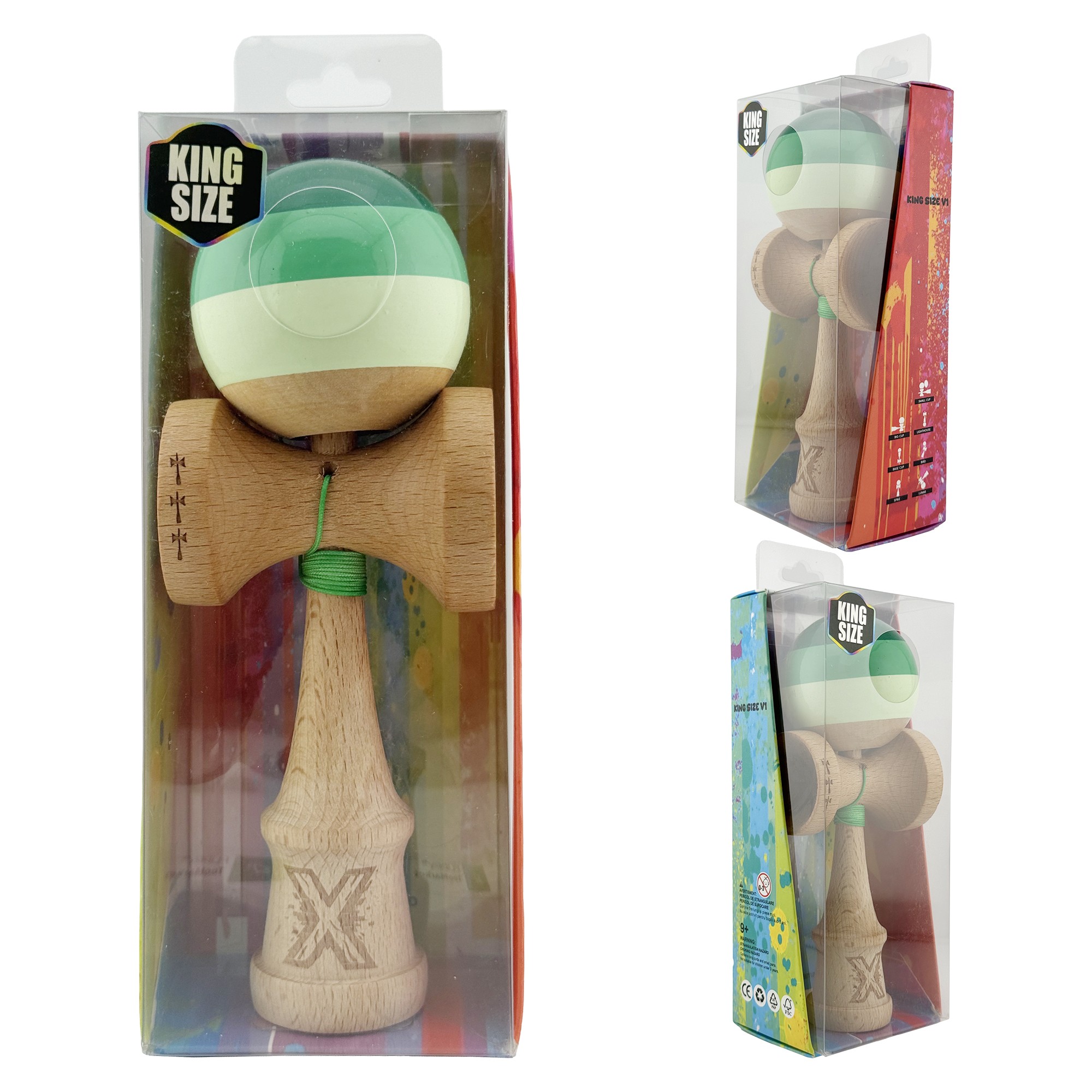 Kendama X Originala, Profesionala, Flippy, Big Cups V2, Super Sticky Legendary Cupe Mari, Rulment Metalic cu Ata 55 cm, Verde Mix