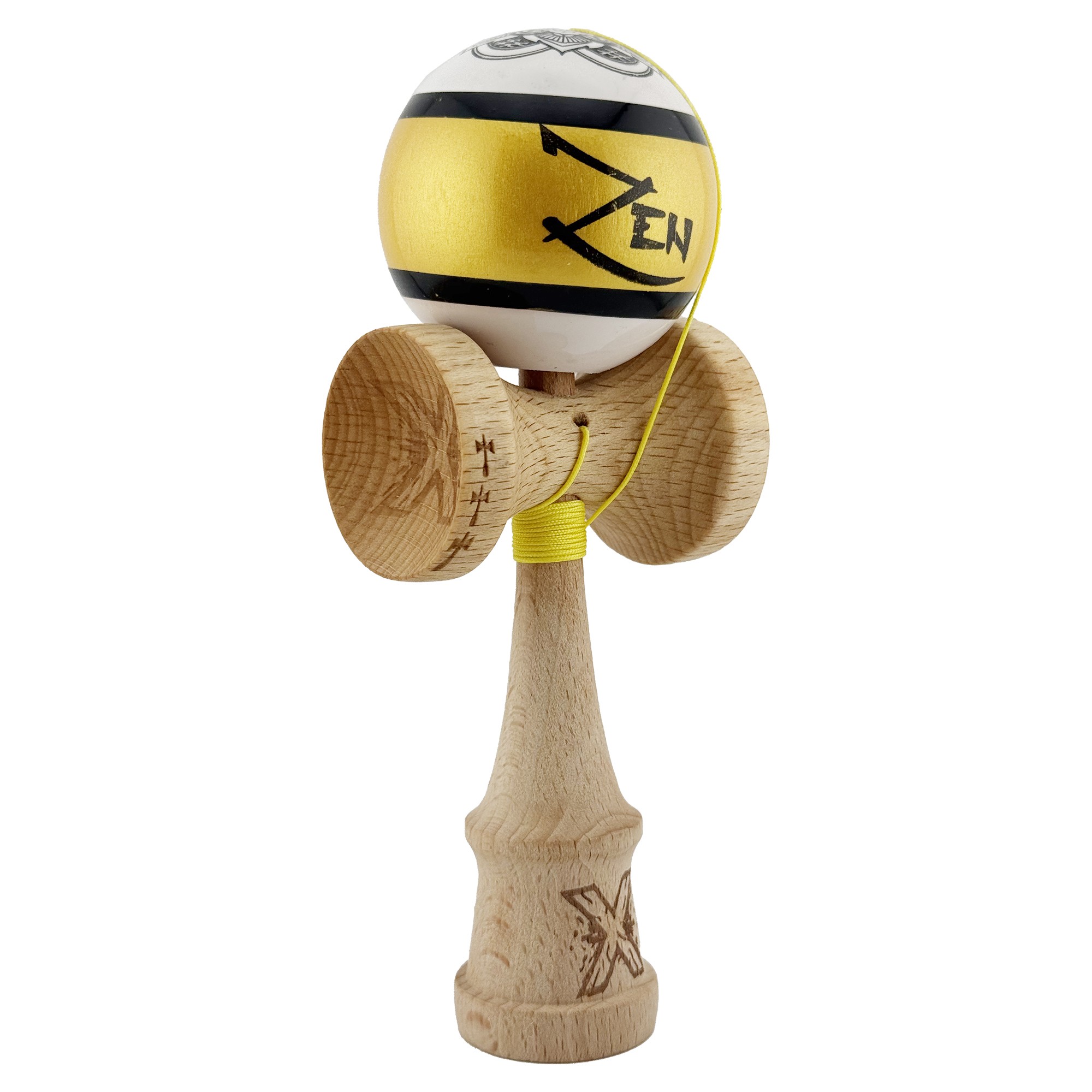 Kendama X ZEN Originala, Profesionala, Flippy, Big Cups V2, Super Sticky Legendary Cupe Mari, Rulment Metalic cu Ata 55 cm, Auriu/Alb
