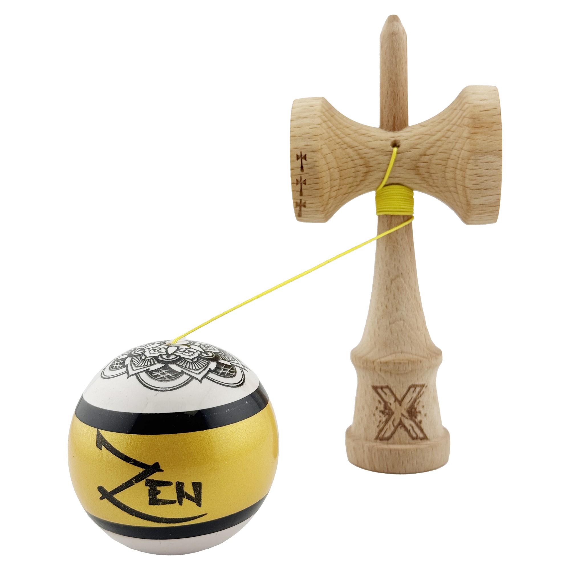 Kendama X ZEN Originala, Profesionala, Flippy, Big Cups V2, Super Sticky Legendary Cupe Mari, Rulment Metalic cu Ata 55 cm, Auriu/Alb