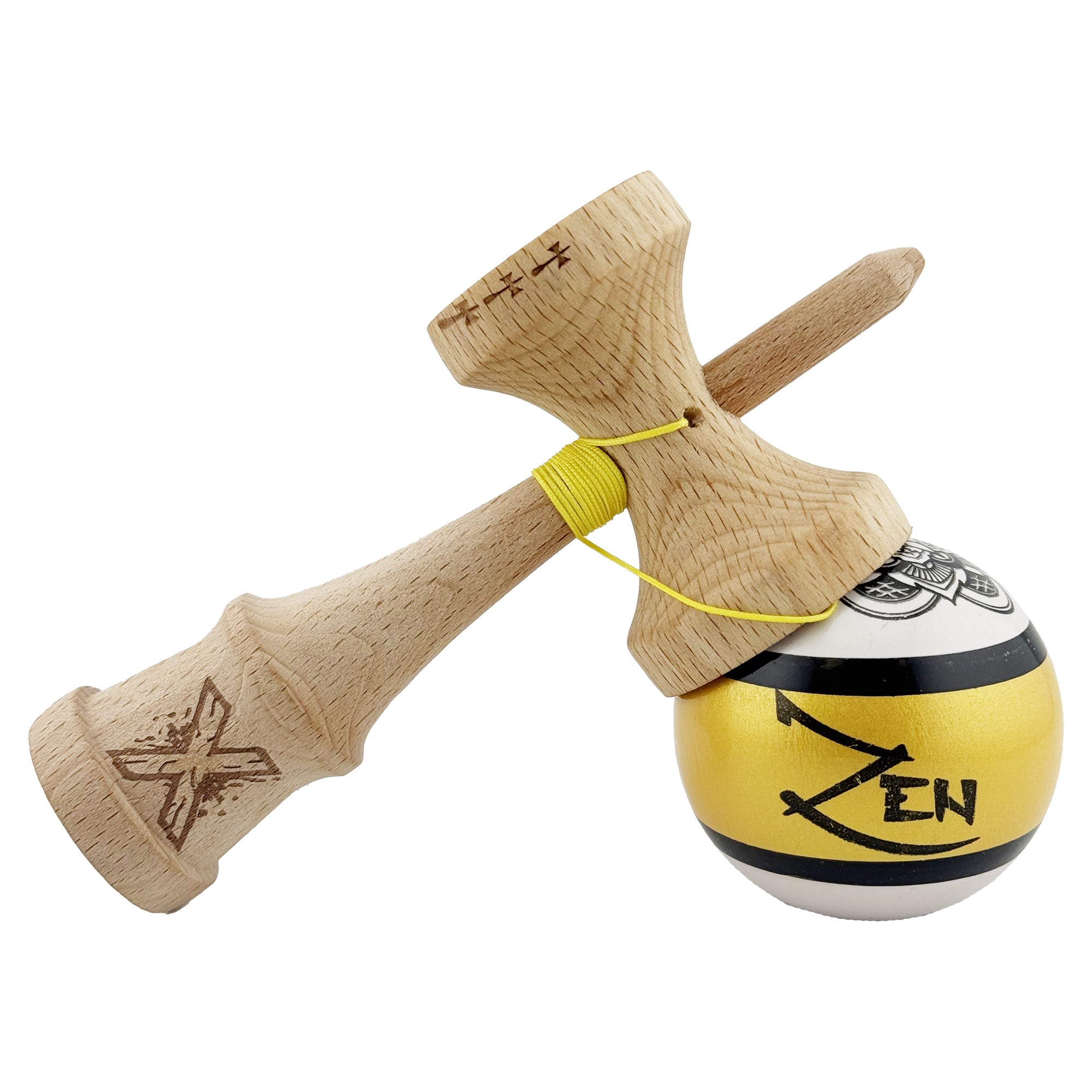 Kendama X ZEN Originala, Profesionala, Flippy, Big Cups V2, Super Sticky Legendary Cupe Mari, Rulment Metalic cu Ata 55 cm, Auriu/Alb