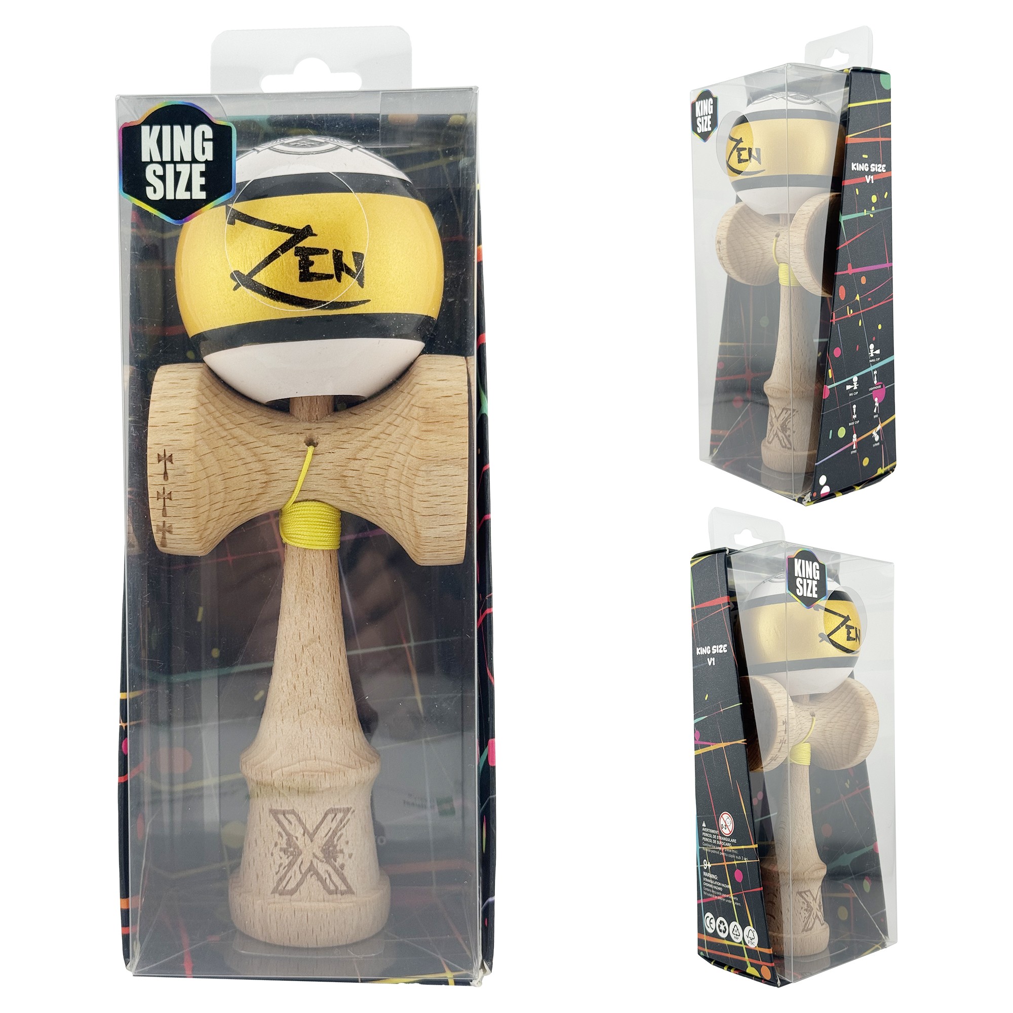 Kendama X ZEN Originala, Profesionala, Flippy, Big Cups V2, Super Sticky Legendary Cupe Mari, Rulment Metalic cu Ata 55 cm, Auriu/Alb