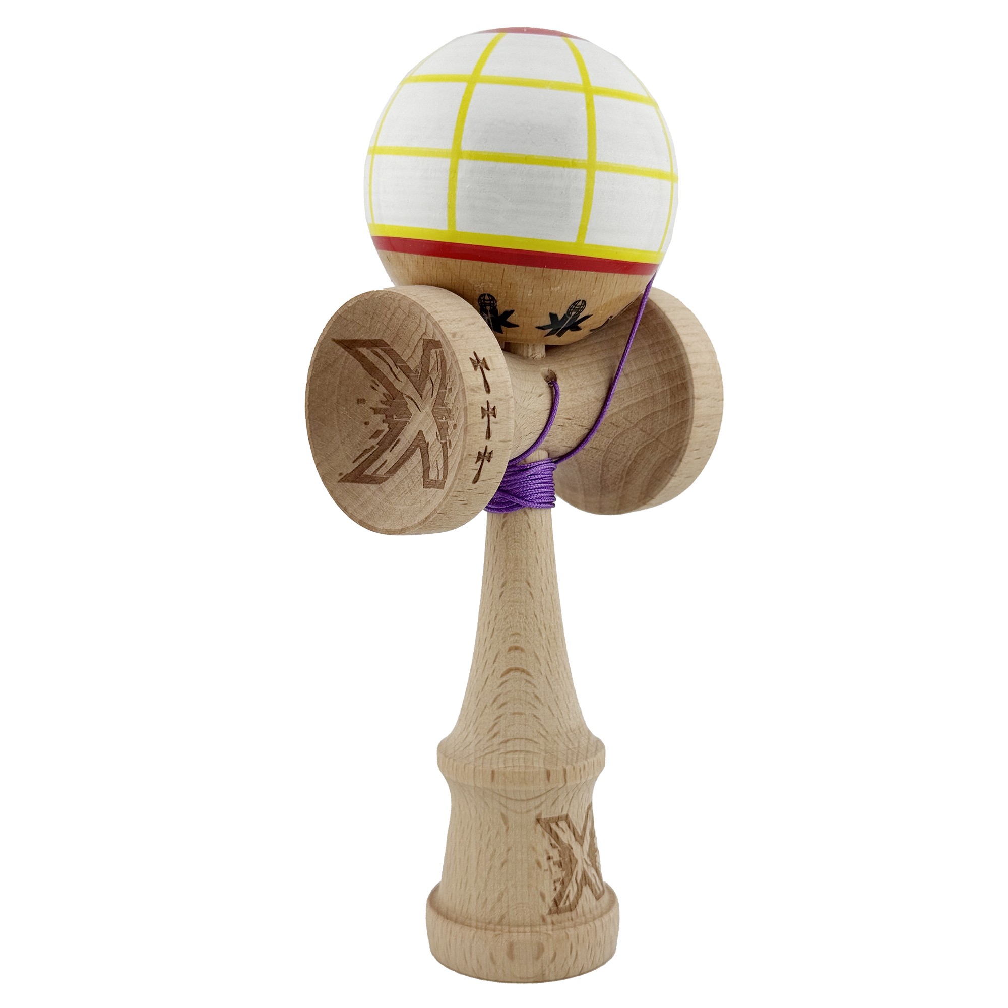 Kendama X Originala, Profesionala, Flippy, Big Cups V2, Model Glob Super Sticky Legendary Cupe Mari, Rulment Metalic cu Ata 55 cm, Alb/Galben/Rosu