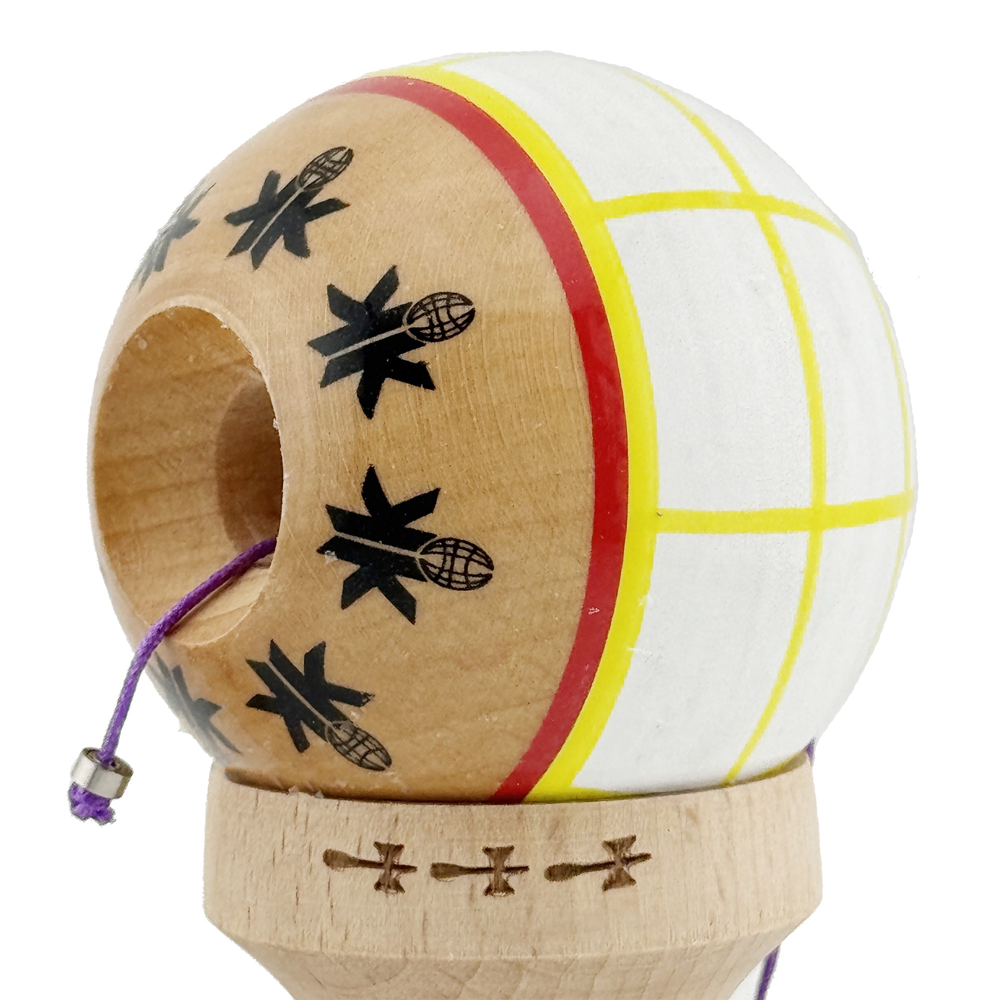 Kendama X Originala, Profesionala, Flippy, Big Cups V2, Model Glob Super Sticky Legendary Cupe Mari, Rulment Metalic cu Ata 55 cm, Alb/Galben/Rosu