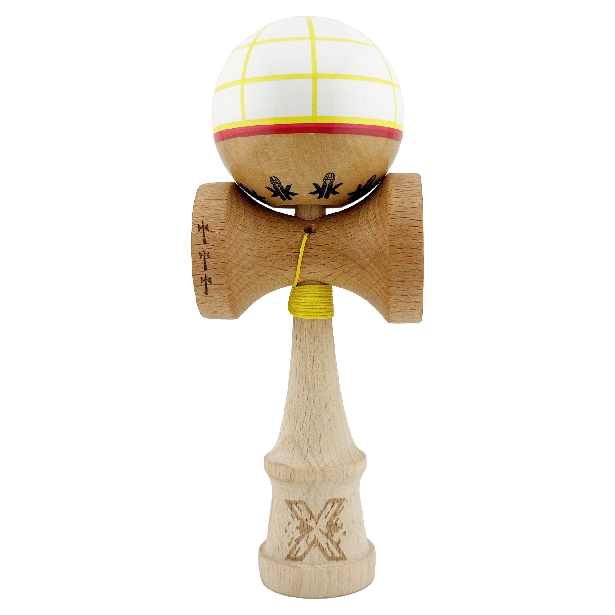 Kendama X Originala, Profesionala, Flippy, Big Cups V2, Model Glob Super Sticky Legendary Cupe Mari, Rulment Metalic cu Ata 55 cm, Alb/Galben/Rosu