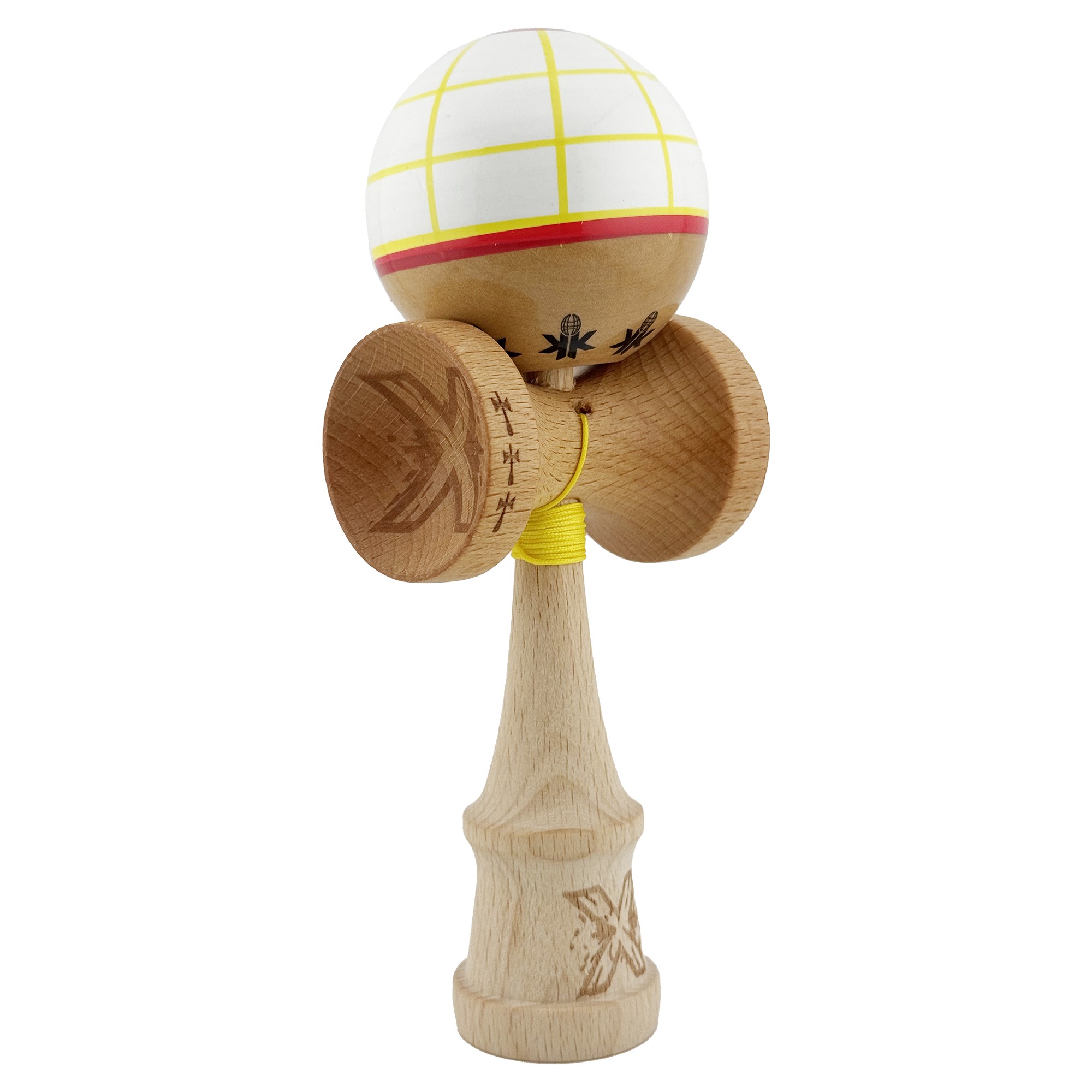 Kendama X Originala, Profesionala, Flippy, Big Cups V2, Model Glob Super Sticky Legendary Cupe Mari, Rulment Metalic cu Ata 55 cm, Alb/Galben/Rosu