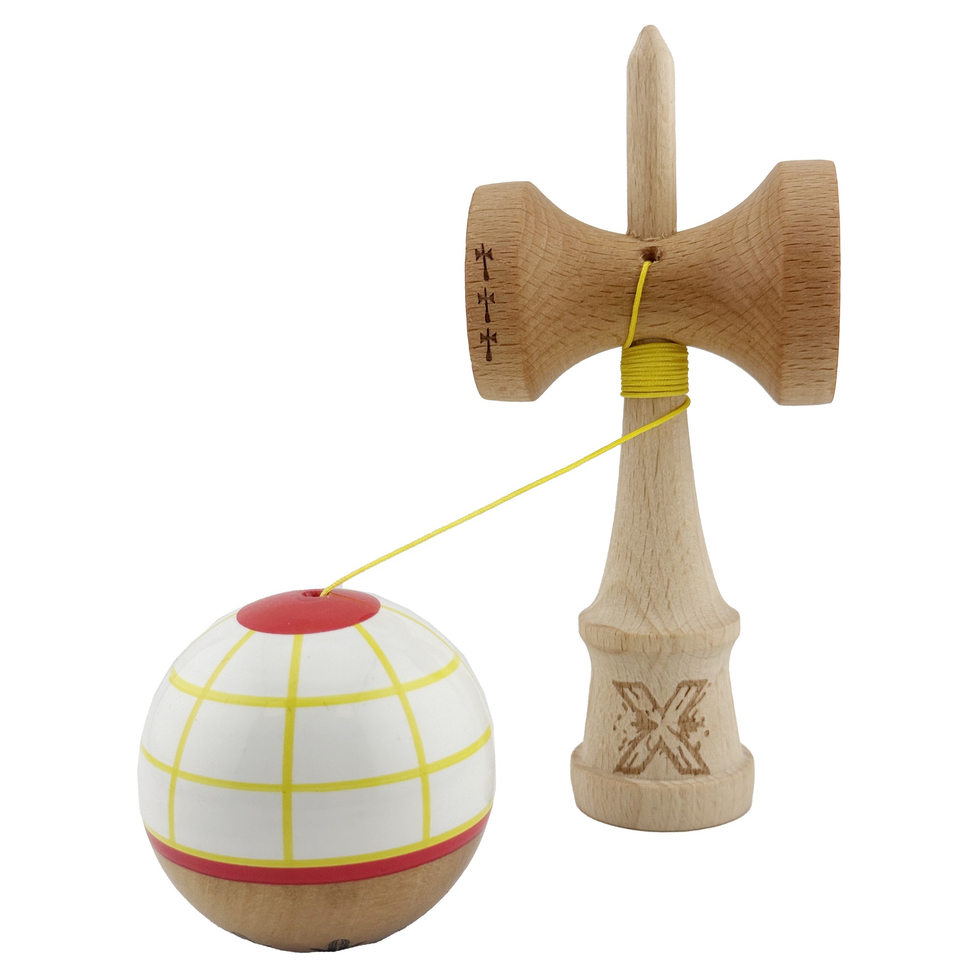 Kendama X Originala, Profesionala, Flippy, Big Cups V2, Model Glob Super Sticky Legendary Cupe Mari, Rulment Metalic cu Ata 55 cm, Alb/Galben/Rosu