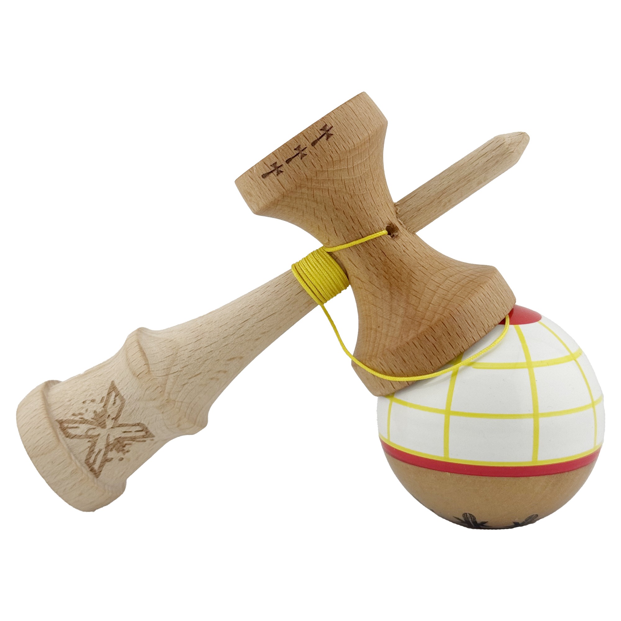 Kendama X Originala, Profesionala, Flippy, Big Cups V2, Model Glob Super Sticky Legendary Cupe Mari, Rulment Metalic cu Ata 55 cm, Alb/Galben/Rosu