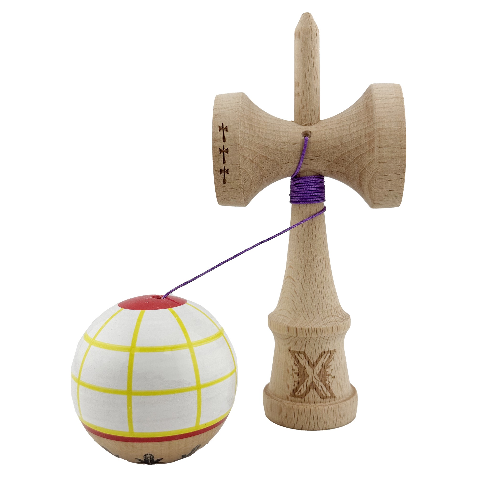Kendama X Originala, Profesionala, Flippy, Big Cups V2, Model Glob Super Sticky Legendary Cupe Mari, Rulment Metalic cu Ata 55 cm, Alb/Galben/Rosu