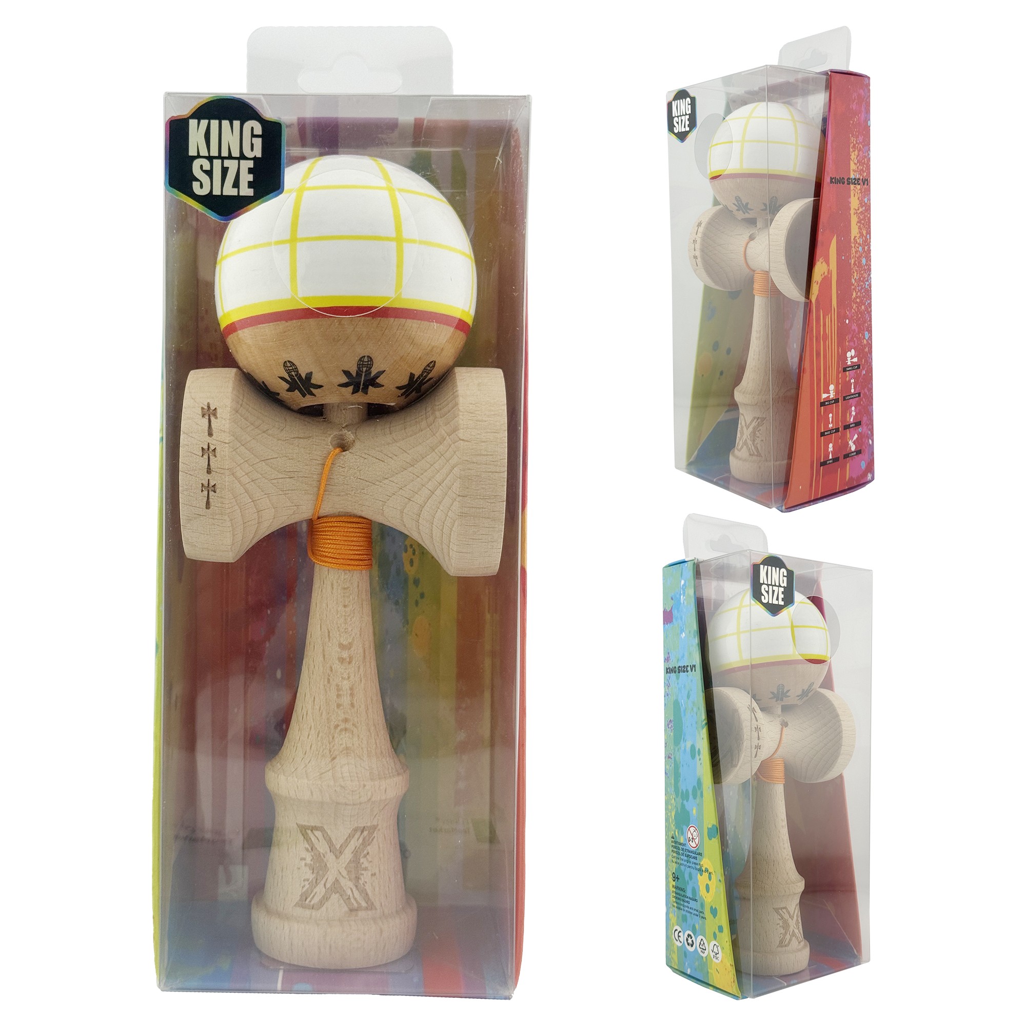 Kendama X Originala, Profesionala, Flippy, Big Cups V2, Model Glob Super Sticky Legendary Cupe Mari, Rulment Metalic cu Ata 55 cm, Alb/Galben/Rosu