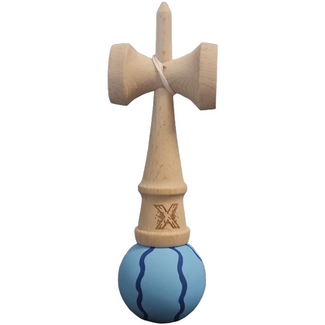 Kendama X Originala, Profesionala, Flippy, Rubber Grip, din Lemn, 18 cm, Albastru deschis