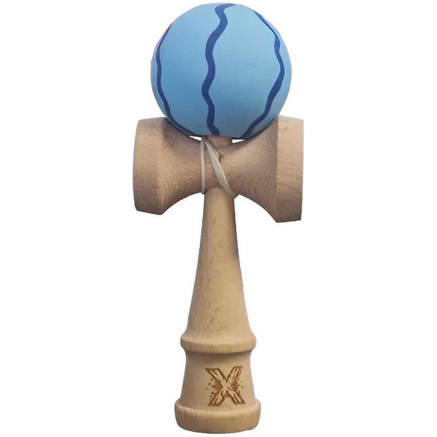 Kendama X Originala, Profesionala, Flippy, Rubber Grip, din Lemn, 18 cm, Albastru deschis