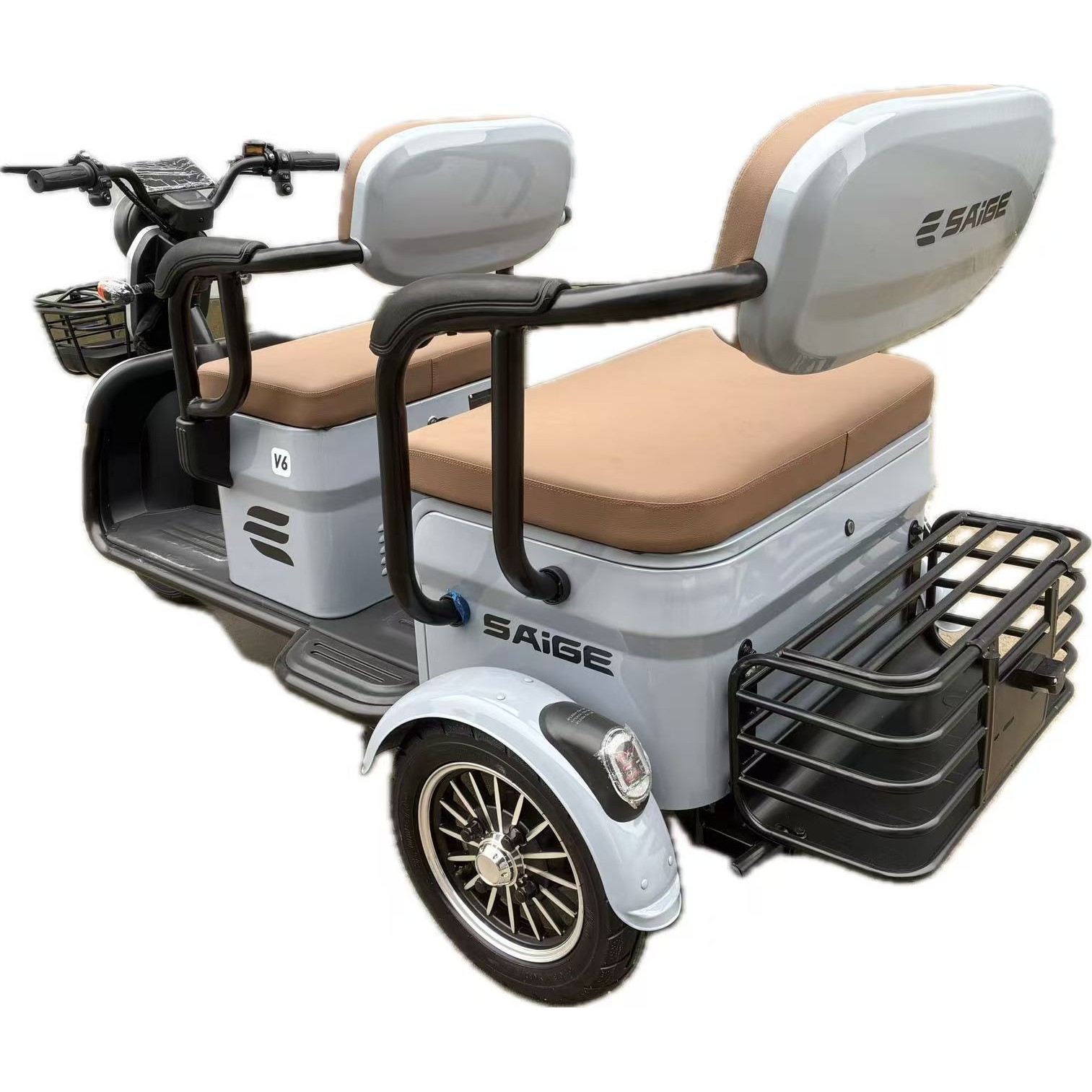 Triciclu Electric V6, Saige, Fara Permis, cu Doua Locuri, Motor 1800W, Baterie 72V24Ah, Autonomie 60km, 220x88x105 cm, Viteza Maxima 25km/h, Gri