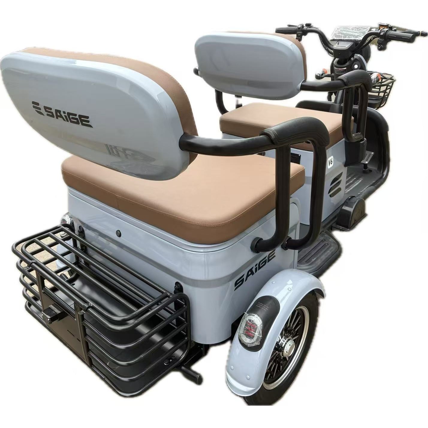 Triciclu Electric V6, Saige, Fara Permis, cu Doua Locuri, Motor 1800W, Baterie 72V24Ah, Autonomie 60km, 220x88x105 cm, Viteza Maxima 25km/h, Gri