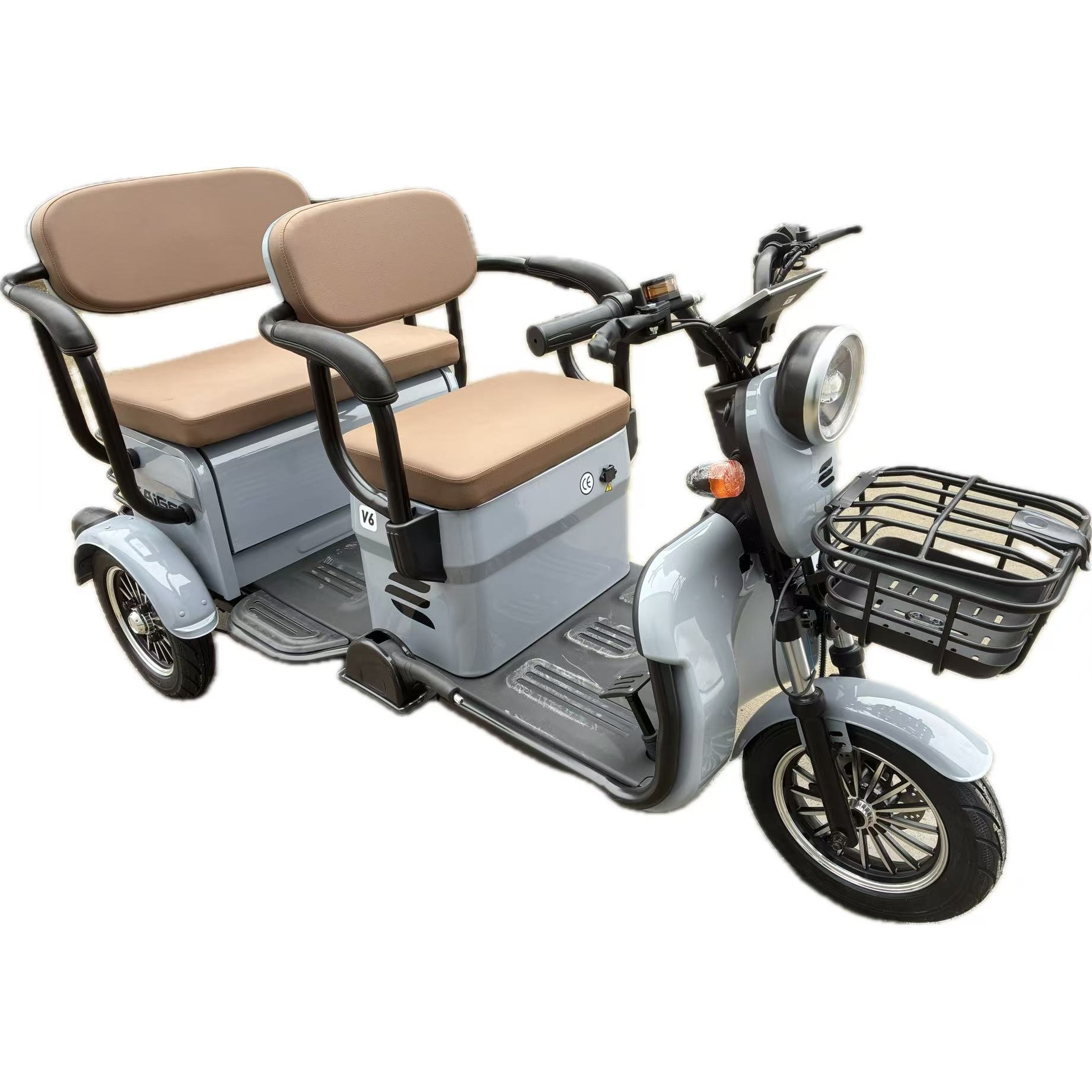 Triciclu Electric V6, Saige, Fara Permis, cu Doua Locuri, Motor 1800W, Baterie 72V24Ah, Autonomie 60km, 220x88x105 cm, Viteza Maxima 25km/h, Gri