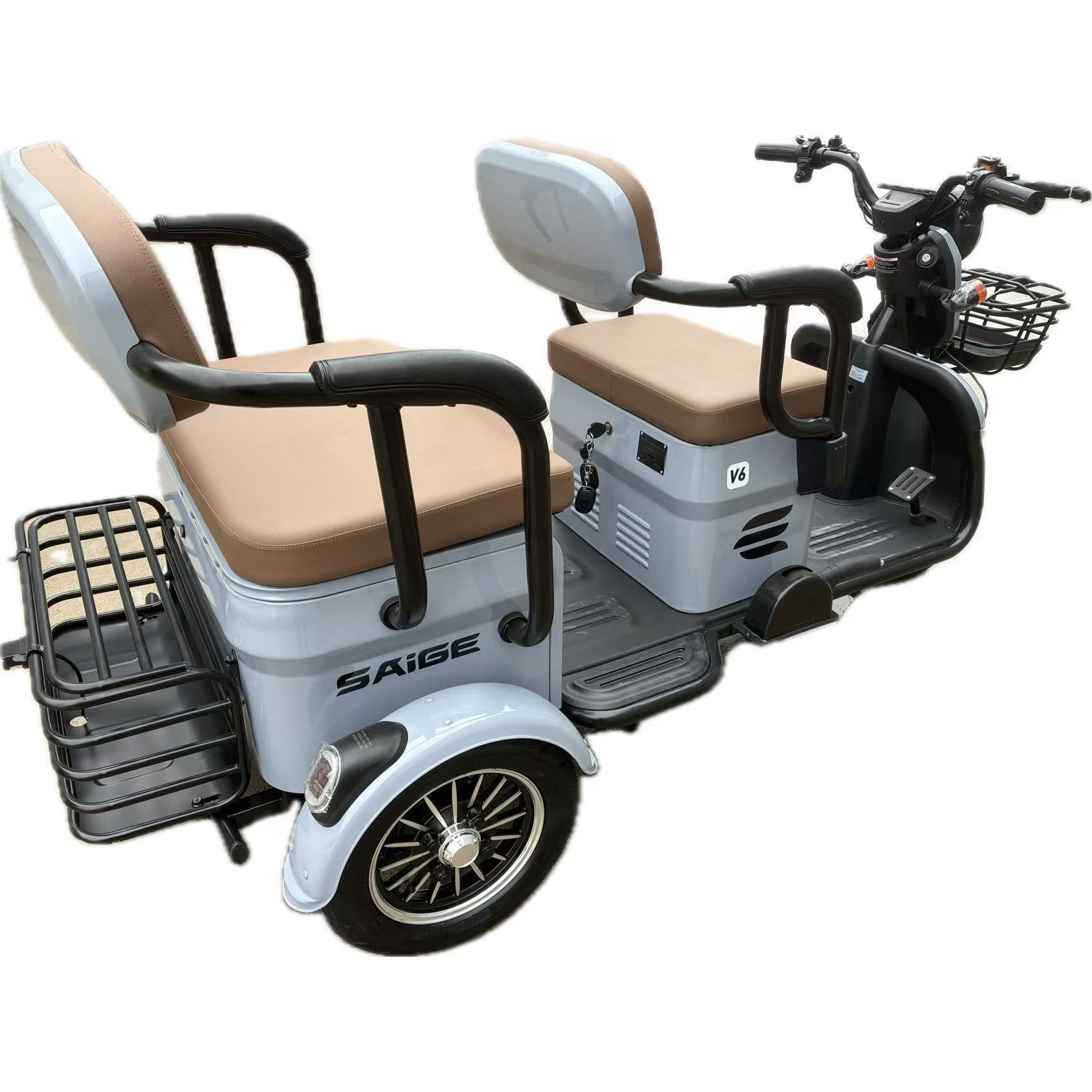 Triciclu Electric V6, Saige, Fara Permis, cu Doua Locuri, Motor 1800W, Baterie 72V24Ah, Autonomie 60km, 220x88x105 cm, Viteza Maxima 25km/h, Gri