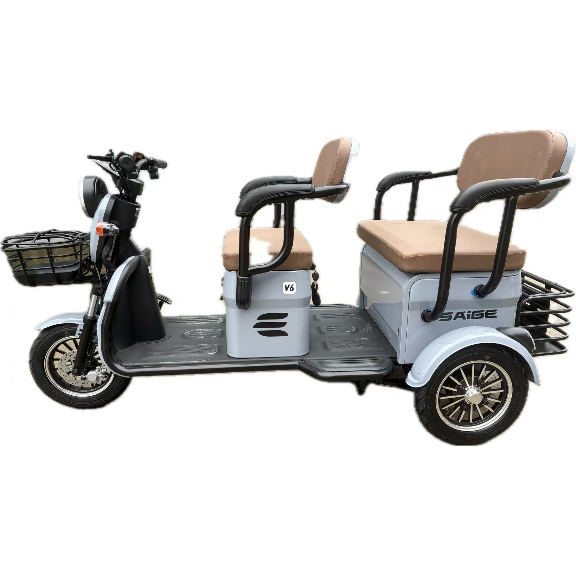 Triciclu Electric V6, Saige, Fara Permis, cu Doua Locuri, Motor 1800W, Baterie 72V24Ah, Autonomie 60km, 220x88x105 cm, Viteza Maxima 25km/h, Gri