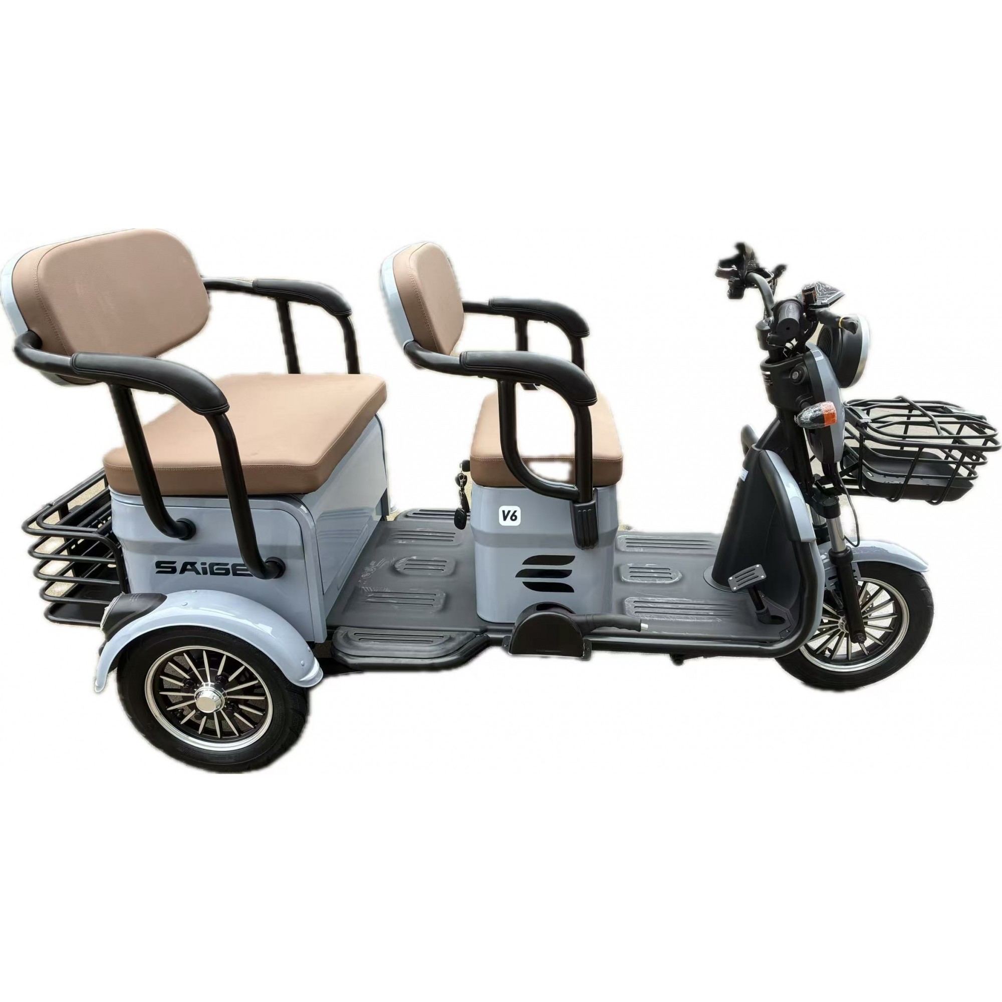 Triciclu Electric V6, Saige, Fara Permis, cu Doua Locuri, Motor 1800W, Baterie 72V24Ah, Autonomie 60km, 220x88x105 cm, Viteza Maxima 25km/h, Gri