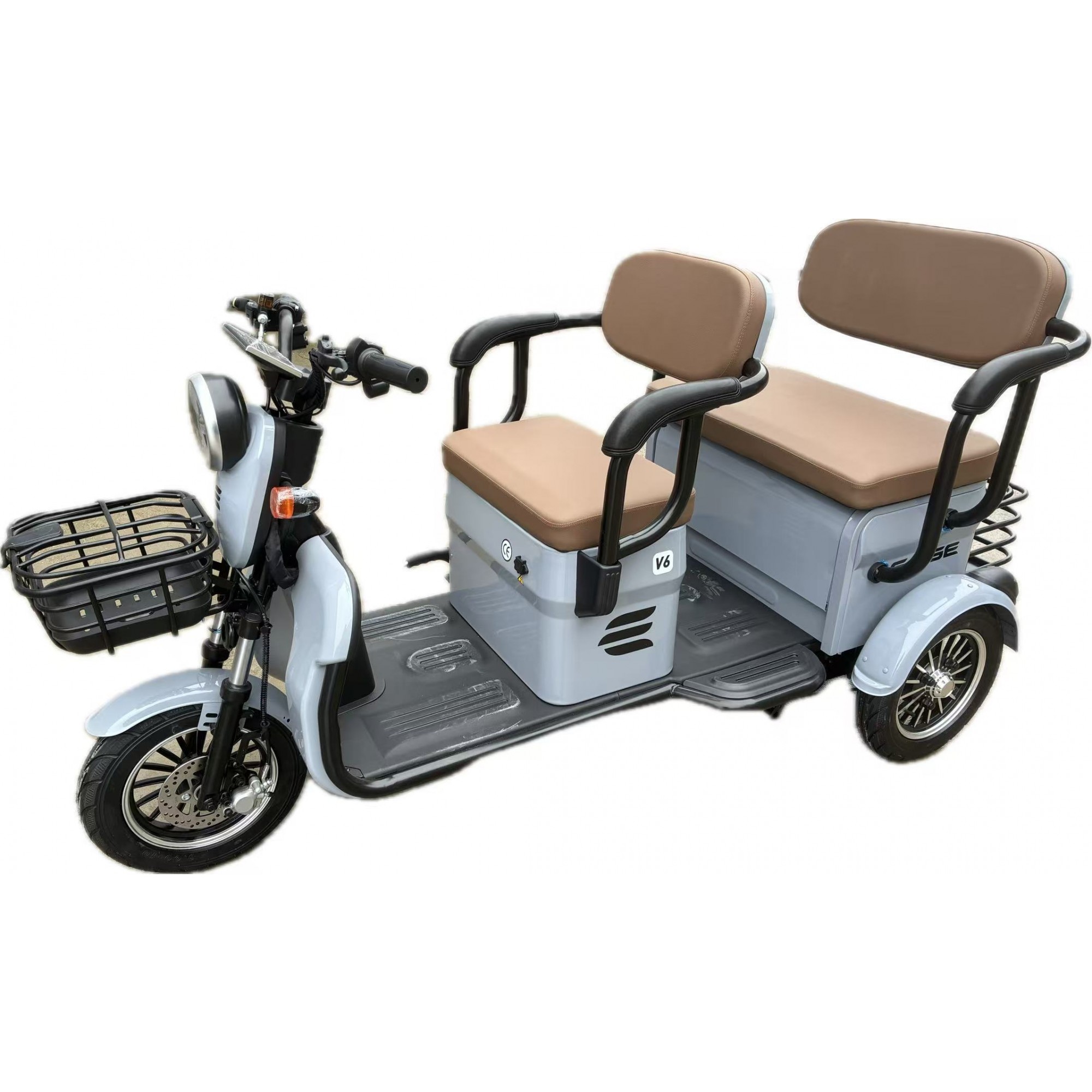 Triciclu Electric V6, Saige, Fara Permis, cu Doua Locuri, Motor 1800W, Baterie 72V24Ah, Autonomie 60km, 220x88x105 cm, Viteza Maxima 25km/h, Gri