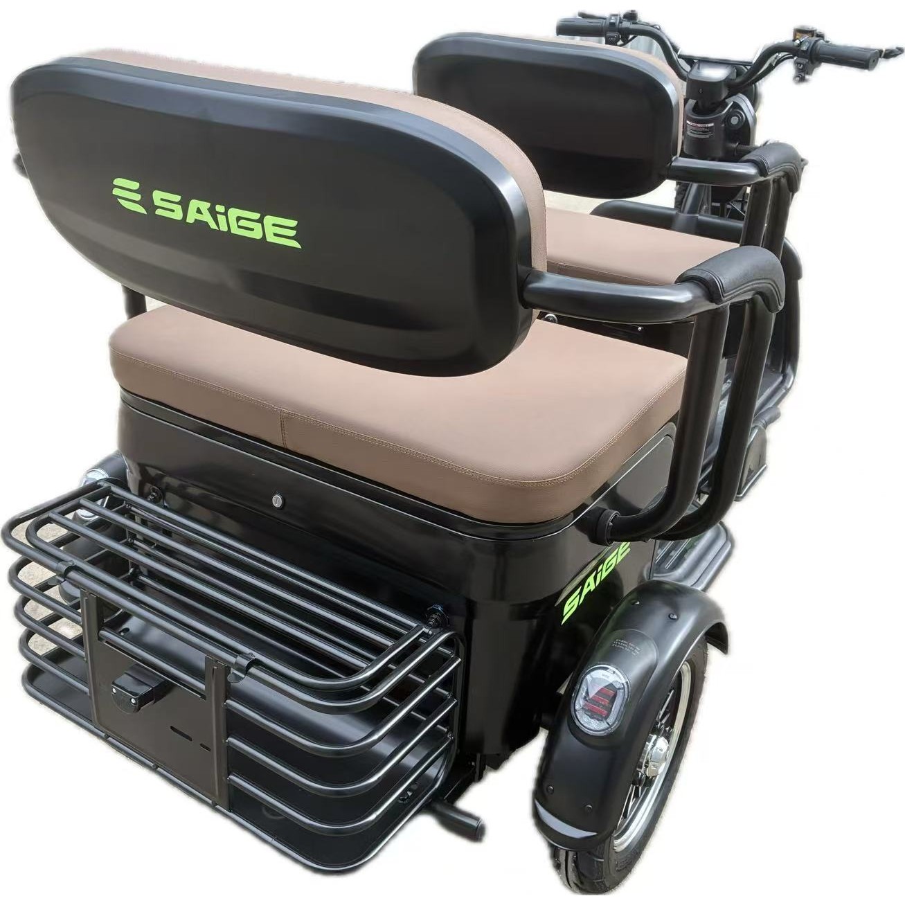 Triciclu Electric V6, Saige, Fara Permis, cu Doua Locuri, Motor 1800W, Baterie 72V24Ah, Autonomie 60km, 220x88x105 cm, Viteza Maxima 25km/h, Negru