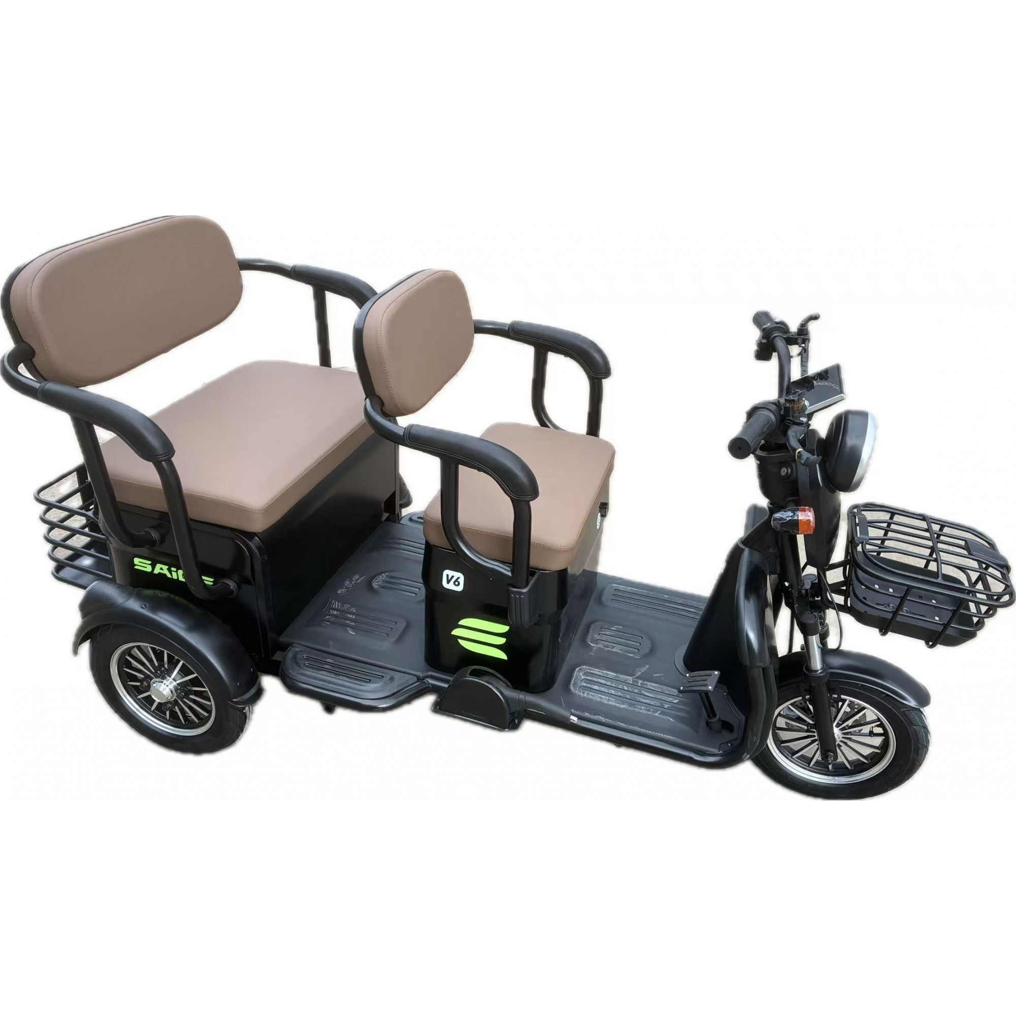 Triciclu Electric V6, Saige, Fara Permis, cu Doua Locuri, Motor 1800W, Baterie 72V24Ah, Autonomie 60km, 220x88x105 cm, Viteza Maxima 25km/h, Negru