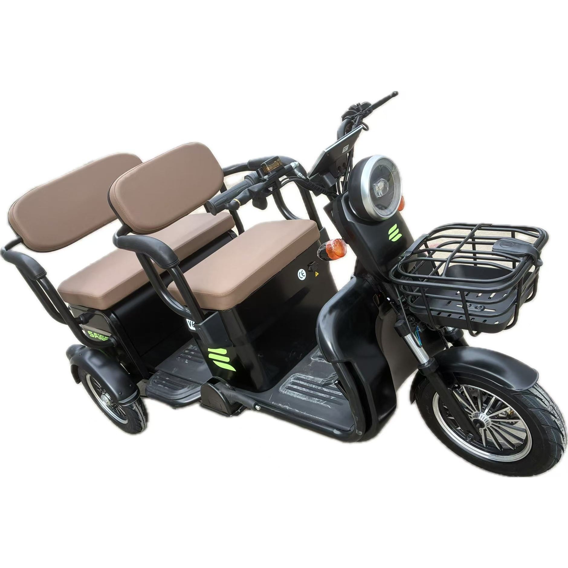 Triciclu Electric V6, Saige, Fara Permis, cu Doua Locuri, Motor 1800W, Baterie 72V24Ah, Autonomie 60km, 220x88x105 cm, Viteza Maxima 25km/h, Negru