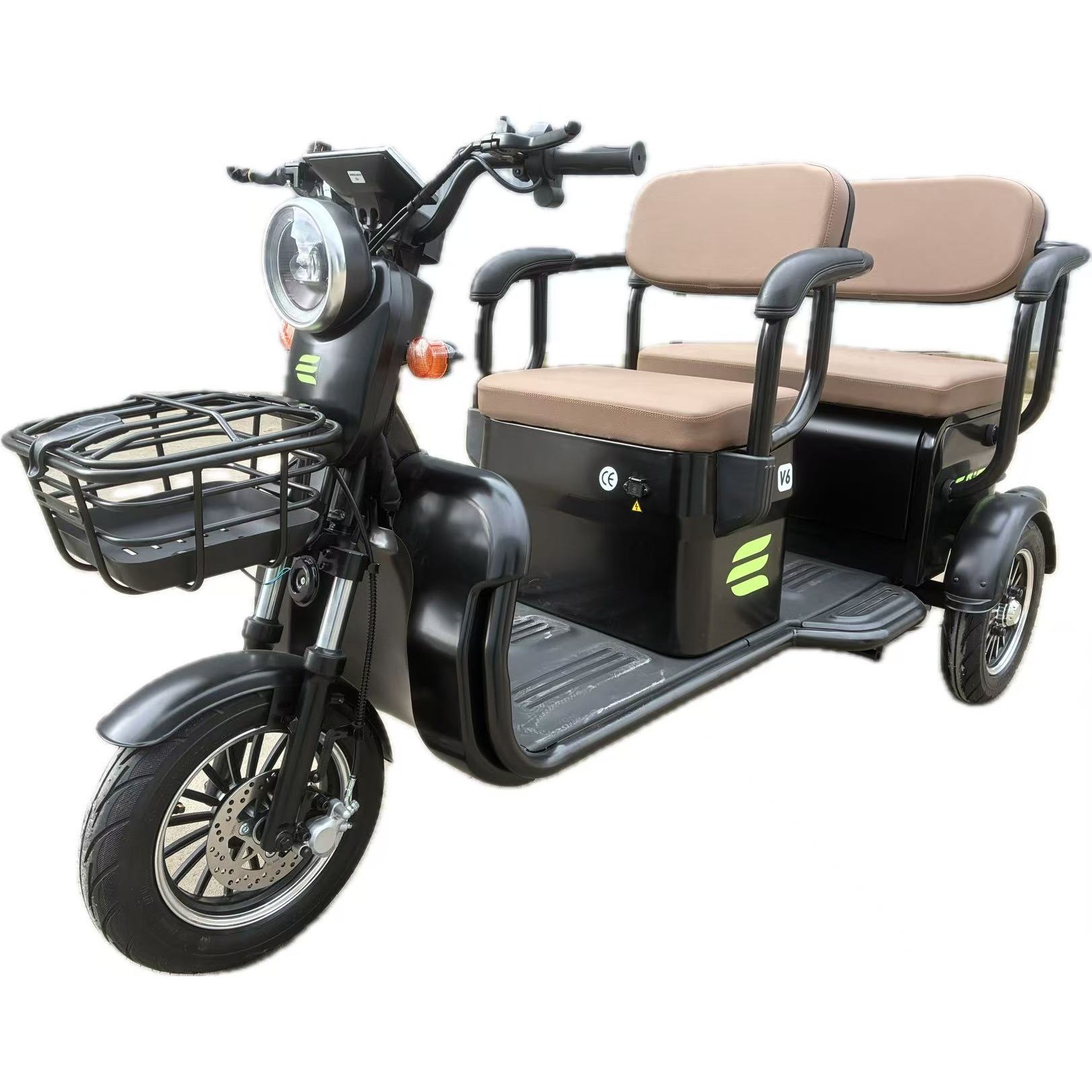 Triciclu Electric V6, Saige, Fara Permis, cu Doua Locuri, Motor 1800W, Baterie 72V24Ah, Autonomie 60km, 220x88x105 cm, Viteza Maxima 25km/h, Negru