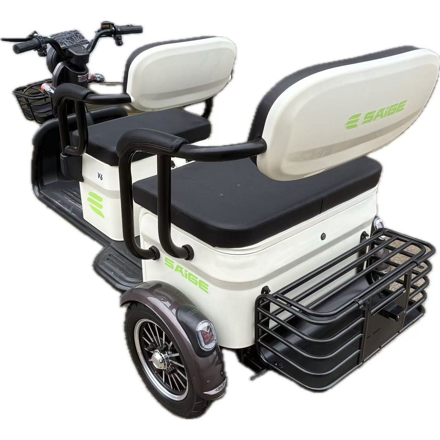 Triciclu Electric V6, Saige, Fara Permis, cu Doua Locuri, Motor 1800W, Baterie 72V24Ah, Autonomie 60km, 220x88x105 cm, Viteza Maxima 25km/h, Alb Coffee