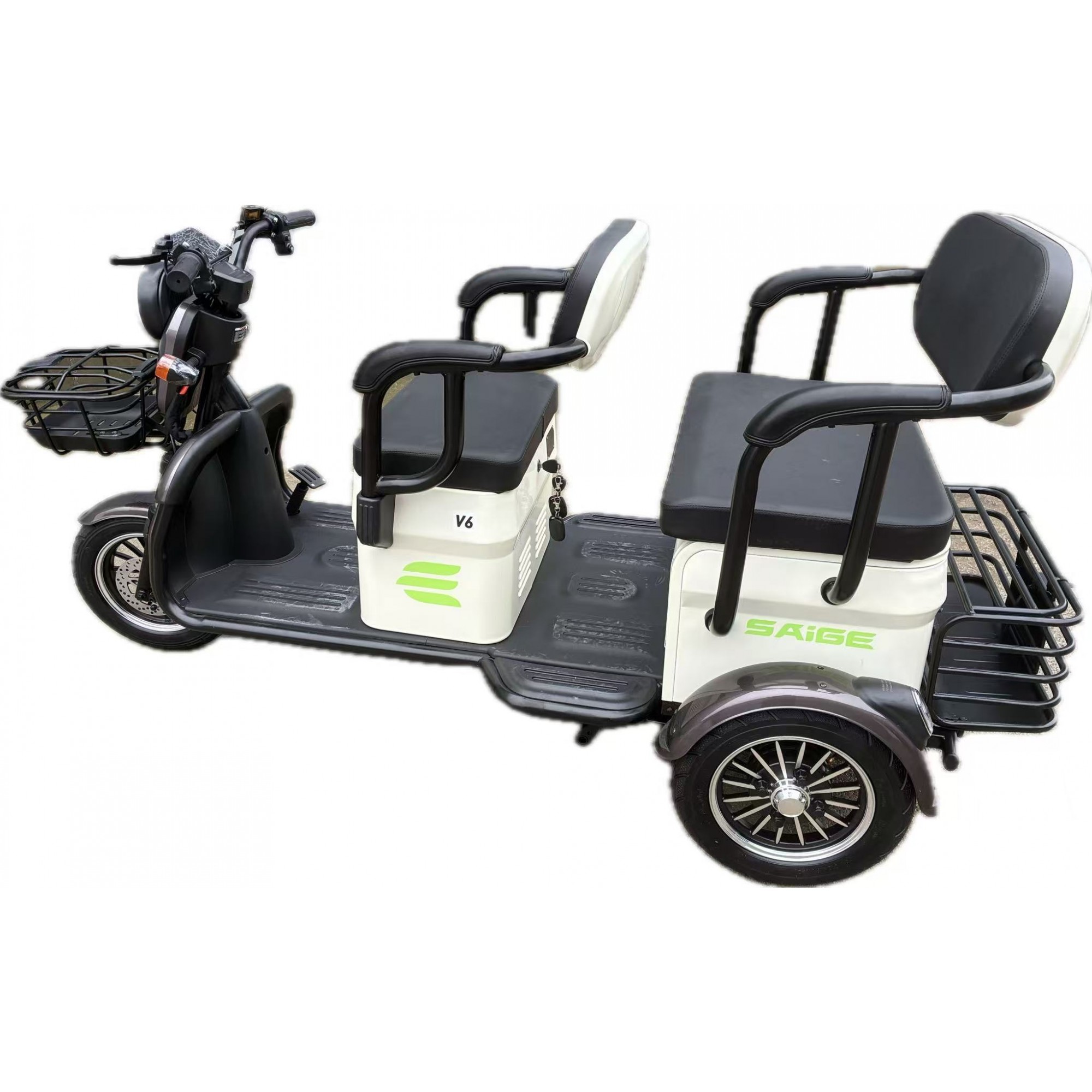 Triciclu Electric V6, Saige, Fara Permis, cu Doua Locuri, Motor 1800W, Baterie 72V24Ah, Autonomie 60km, 220x88x105 cm, Viteza Maxima 25km/h, Alb Coffee
